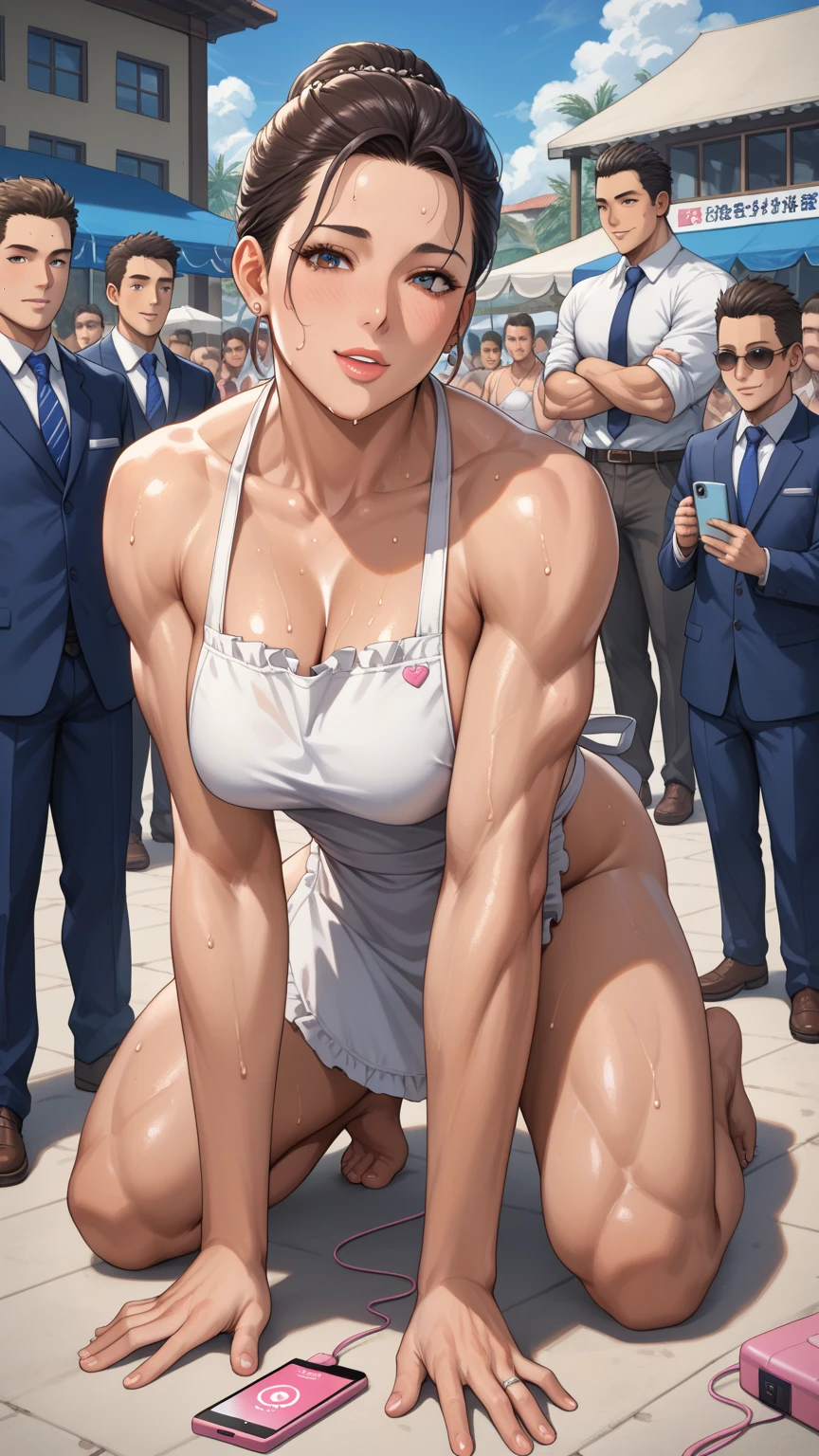 Mature beautiful woman with crowd in background，Muscular man next to me，Bodybuilders competing，Surrounded by strong muscular men，，masterpiece,Highest quality,high resolution,Anatomically correct,[2 bikinis,Housewife nude apron wearing，Get on all fours,sweat,barefoot,Radiant Skin,Aheiyan,forehead,Bob，Bodybuilder body，Muscular type,Wedding Photos,vibrator,5 men:2.0,,Surrounded by men:2.0，In the bedroom,cell phone