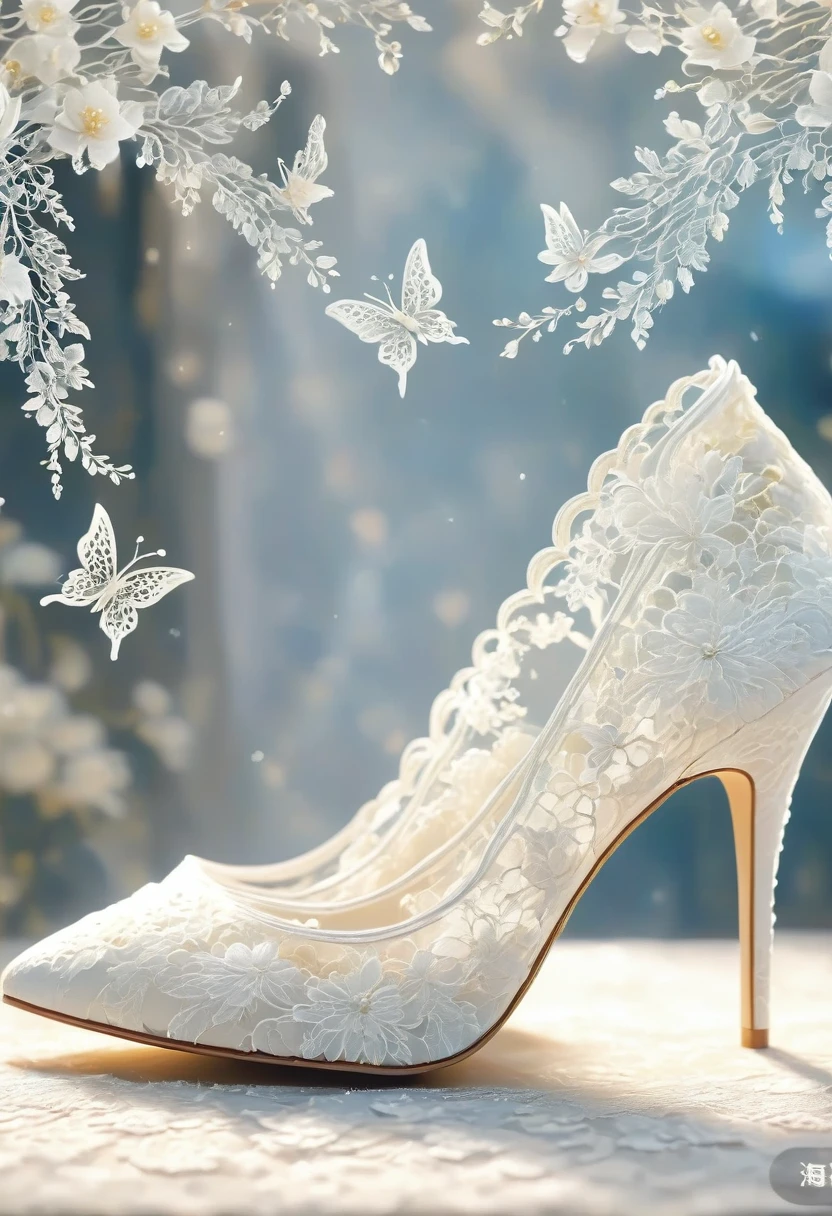 White laceで出来たHigh Heels, Beautiful Lace High Heels, Lace High Heels for room decoration, Indoor, White lace, Very delicate lace, Best quality:1.2, 4K, 8K, Very detailed, High Detail, masterpiece:1.2