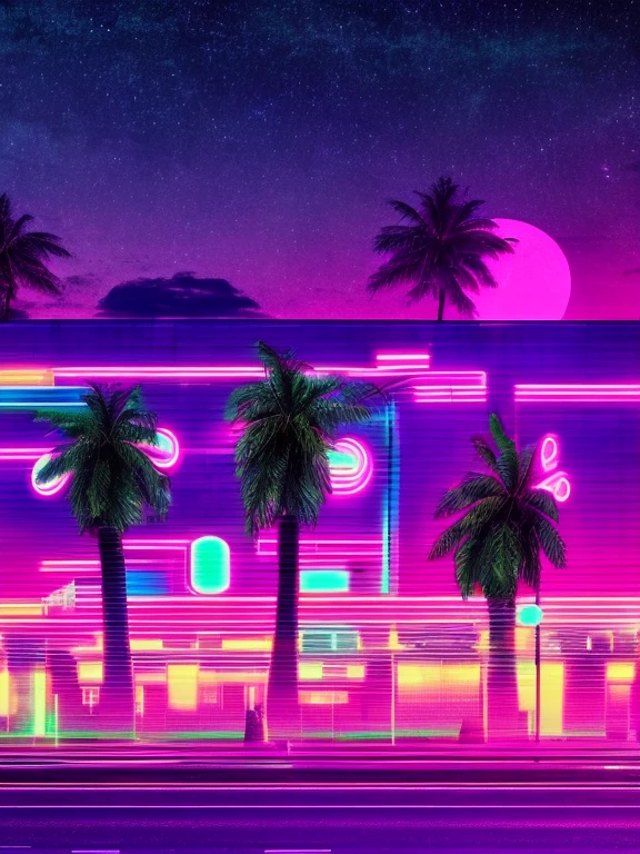 Neon Vaporwave hotel, Miami sunset vibes, Night city landscape at purple neon, Retrowave Digital Art Synthwave, Vaporwave aesthetic wallpaper, Retro Vaporwave Wallpaper, (masterpiece), (best quality), (super detailed), 