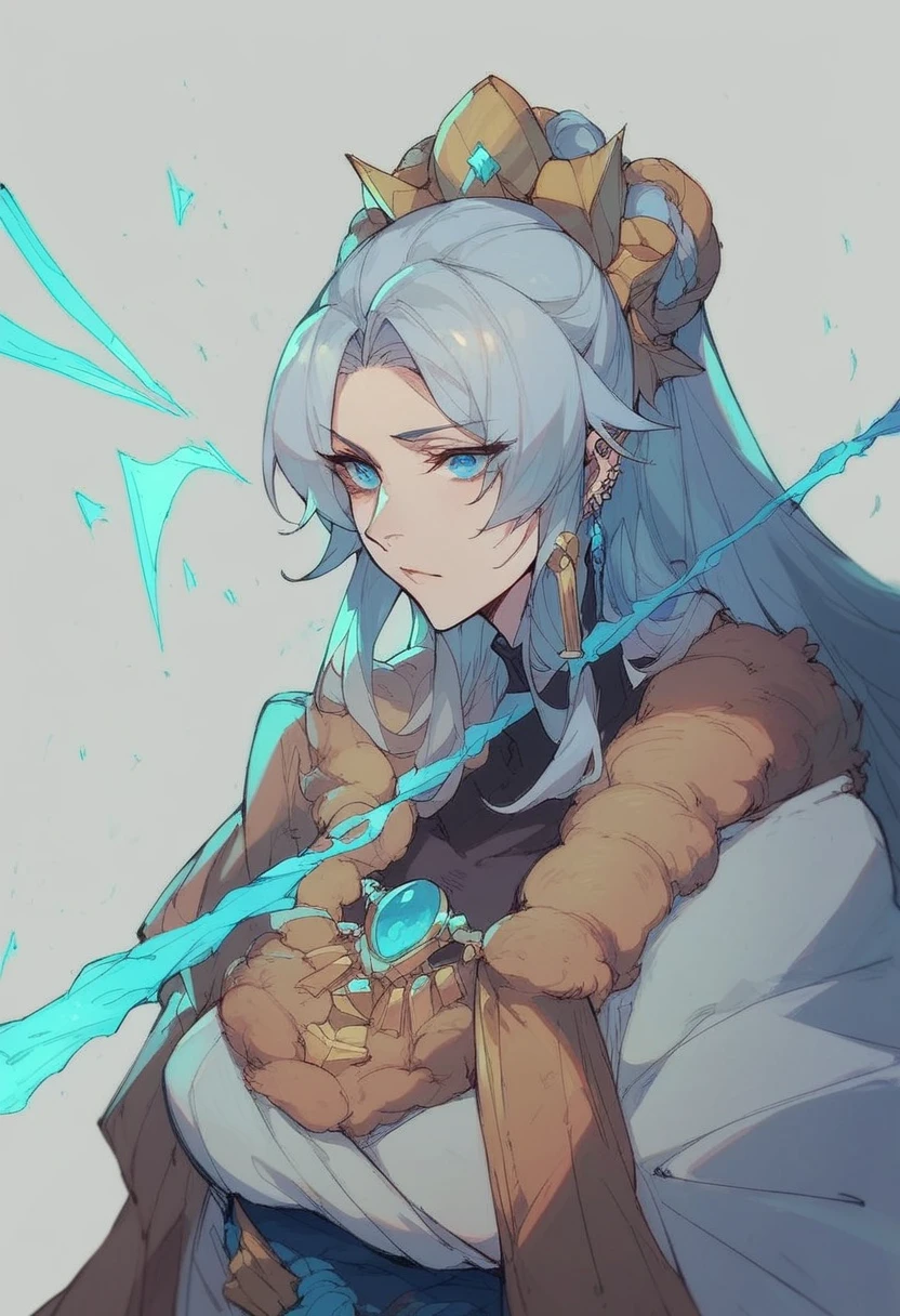 Aria is an elegant figure with long silver hair and piercing blue eyes.. His costume is a combination of technological armor and traditional Japanese attire., designed to maximize mobility. She wields an energy spear.