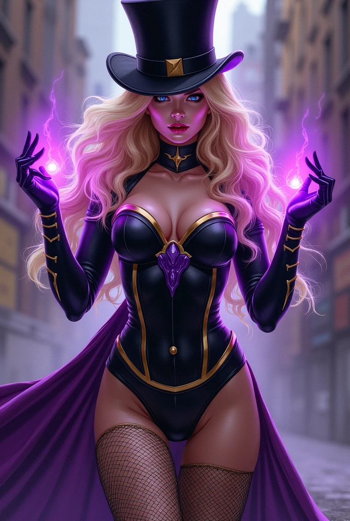 fantasy art, modern and gothic art, (masterpiece:1.5), full body best details, highly detailed, best quality,  highres, full body portrait of a female vampire (Masterpiece, best quality: 1.6), ultra feminine, with a long curvy hair, blond hair, (red:1.3) eyes, ((beautiful delicate face)), Ultra Detailed Face (wearing elegant glamour open black trench coat: 1.5) , (flowing black trench coat: 1.5), wearing an intricate (purple suit: 1.2)  (intricate details, Masterpiece, best quality: 1.3), high heeled boots, urban background (intense details, beat details), fantasy, at night light, natural ,moon light, clouds, gothic atmosphere, soft light, ((anatomically correct)), high details, best quality, 16k, [ultra detailed], masterpiece, best quality, (extremely detailed), dynamic angle, drkfntasy, evening dress