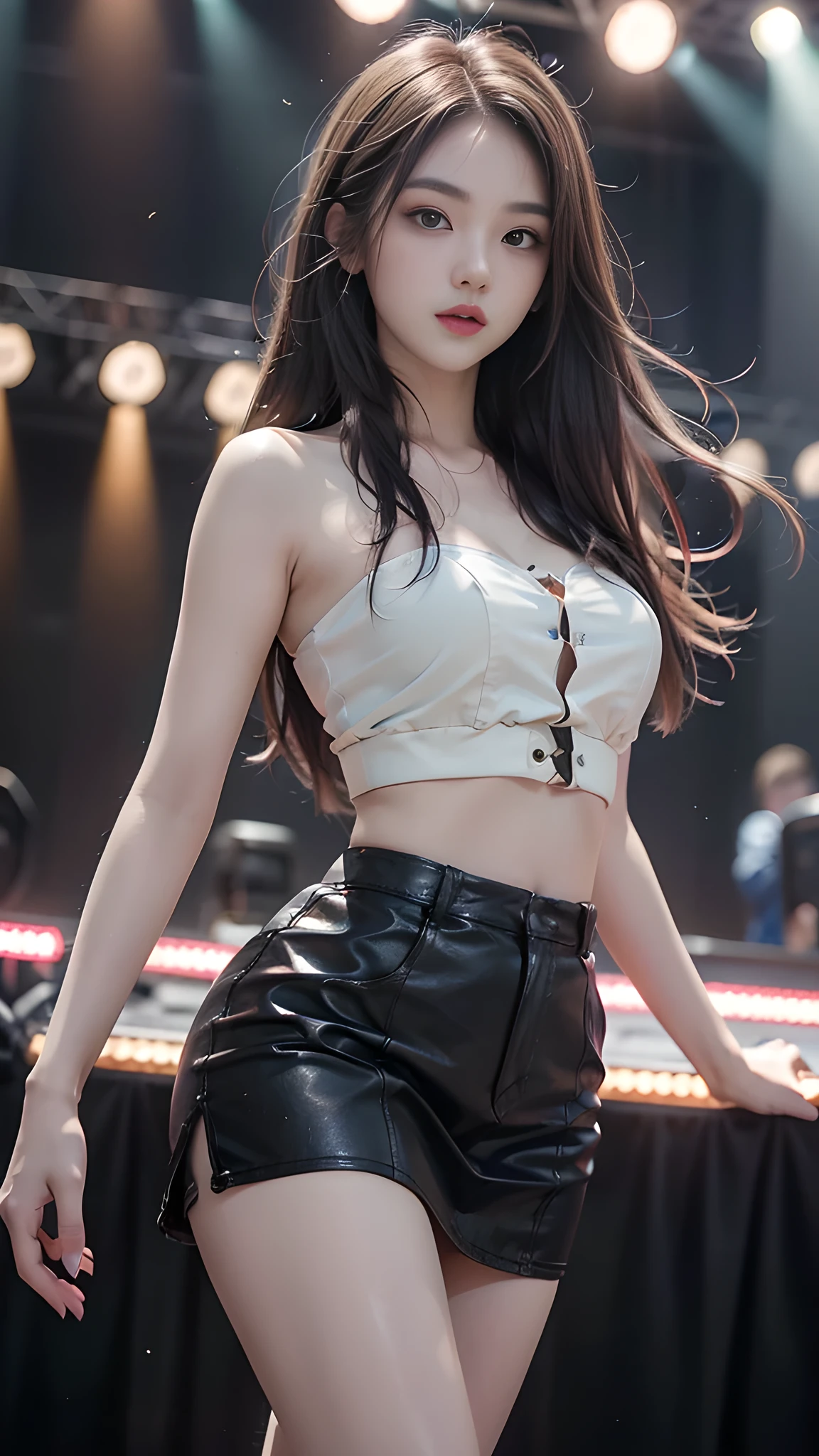 ulzzang-6500-v1.1, (RAW photo: 1.2), (Real photo), (Real photo: 1.4), 1 girl、Perfect anatomy、1、Looking at the camera、Medium length hair、dance skirt, ((performing on stage: 1.1))、(Business service)、Asian eyes Ella,