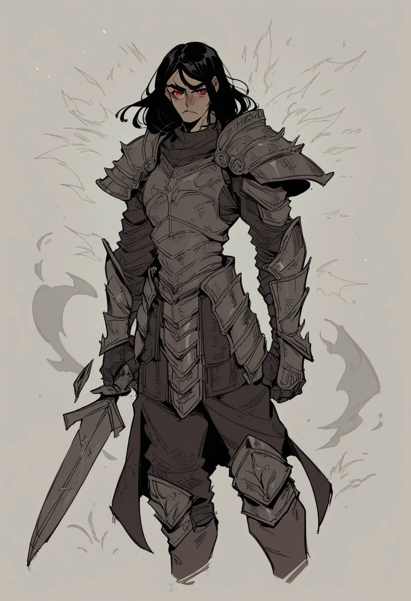 Mads is an imposing figure with black hair and intense scarlet eyes.. His combat attire mixes modern elements with traditional Nordic touches., sporting spiritual armor that glows with ethereal flames. Your legs are enhanced, revealing spiritual drills at the ends.