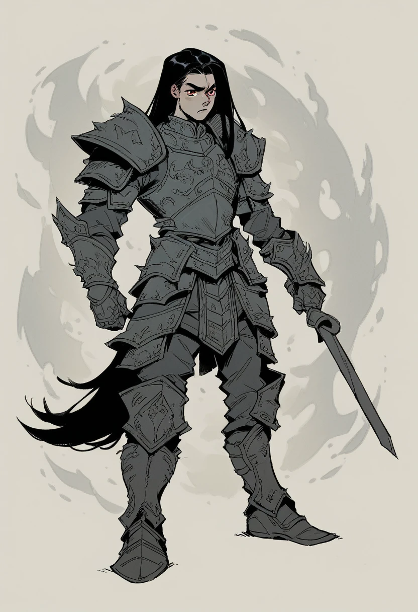 Mads is an imposing figure with black hair and intense scarlet eyes.. His combat attire mixes modern elements with traditional Nordic touches., sporting spiritual armor that glows with ethereal flames. Your legs are enhanced, revealing spiritual drills at the ends.