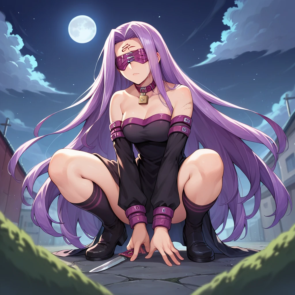 Score_9, Score_8_up, Score_7_up, sauce_anime,
Medasa Rider, Ride Medusa, Long Hair, very Long Hair, Purple Hair, Facial scars, Mark on forehead,
Knee socks, dress, Clevis, Bare Shoulder, sleeves, black dress, collar, Strapless, Strapless dress, Blindfold,
Outdoor, night, night sky, moon, cloud,
Looking at, Cowboy Shot, Dutch Angle, Combat Stance, arms, Lock, knife, (Crouching start pose like crawling on the ground), Super low angle shot,