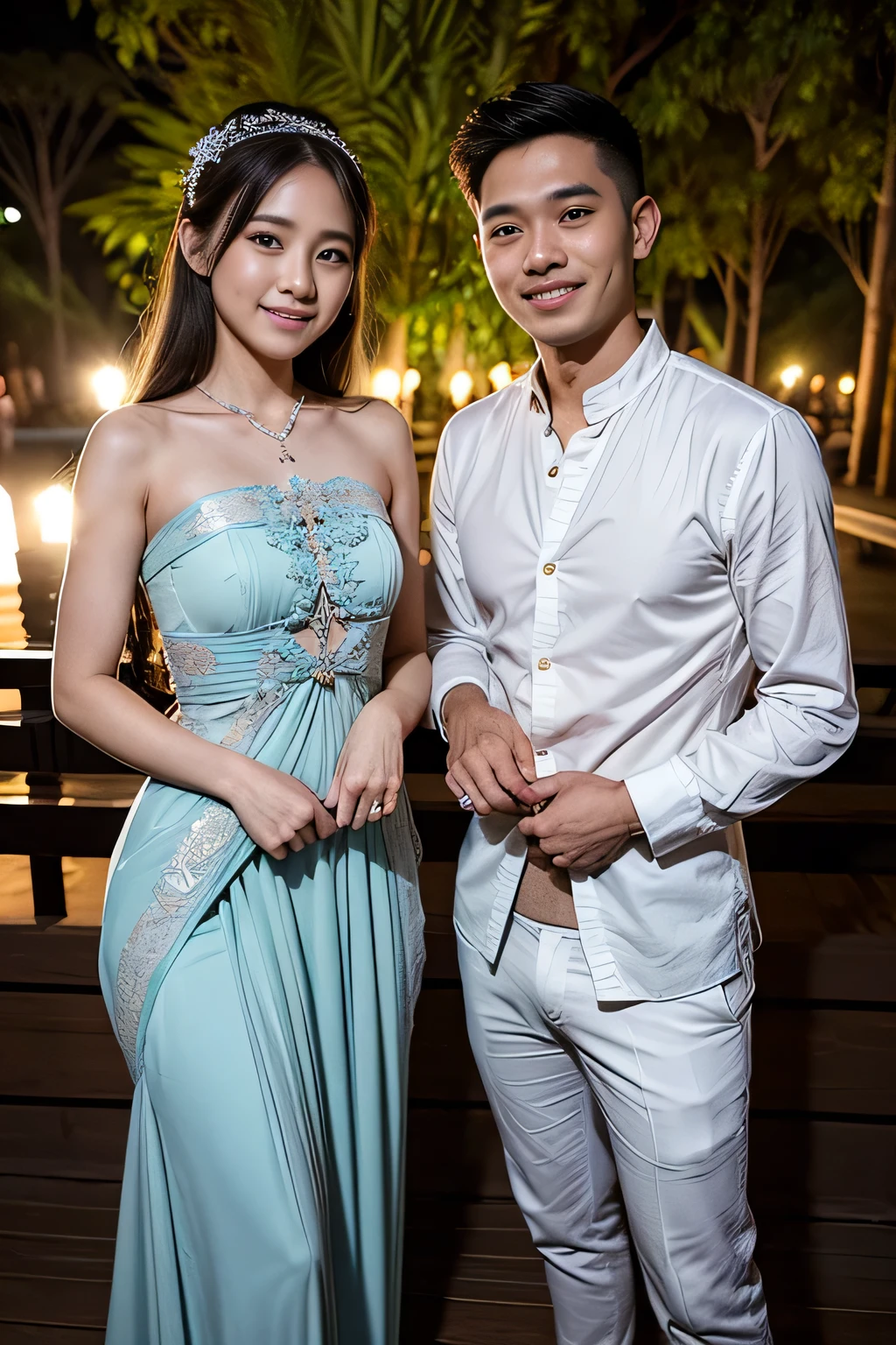 A handsome man and beautiful woman get married. Both are in their early twenties. The two looked at the camera with smiles on their faces. Wearing bikini. Japan. logging park. Cherry blossoms. mangrove. night view. whole body. wide angle, best quality, Excellent details, ultra high resolution