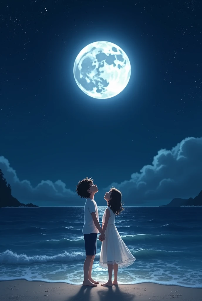 Generate an image for a PDF depicting a starry sky with a beautiful moon and below a boy and girl hugging while looking at the moon., The boy has curly hair that is a bit short, and the girl has shoulder-length hair.