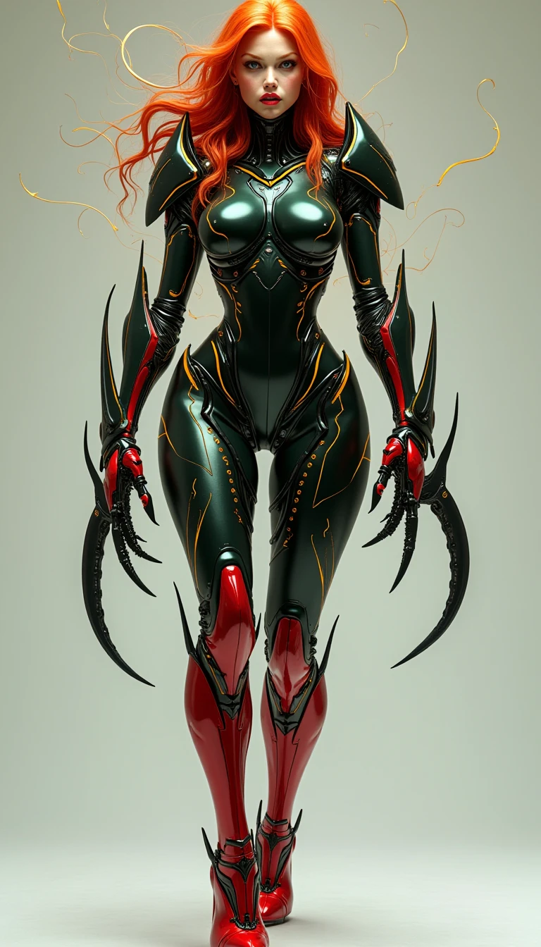 beautiful woman in female bio organic bio mechanical he giger style armor red and black base body, limbs with a large whip on it's right arm