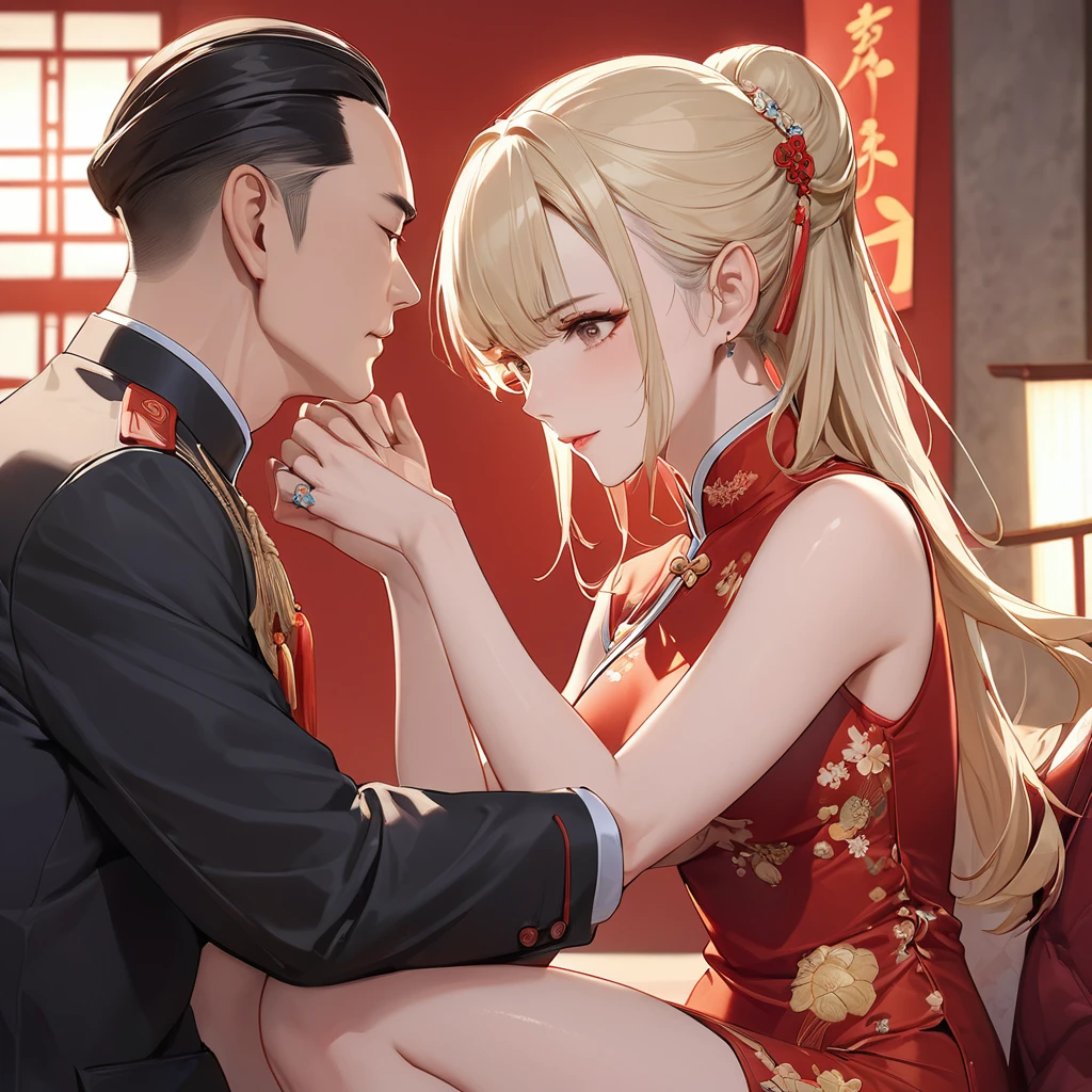 ((Highest quality)), ((masterpiece)), (detailed), (Perfect Face)、The woman is a Tieryu with green eyes, medium-long blonde hair, wearing a red ancient Chinese court costume and a gorgeous hair ornament.、The woman is an ancient Chinese empress and is embracing her husband, the ancient Chinese emperor.