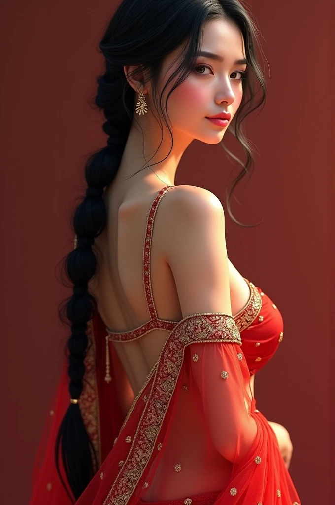 Indian girl satin red saree back side