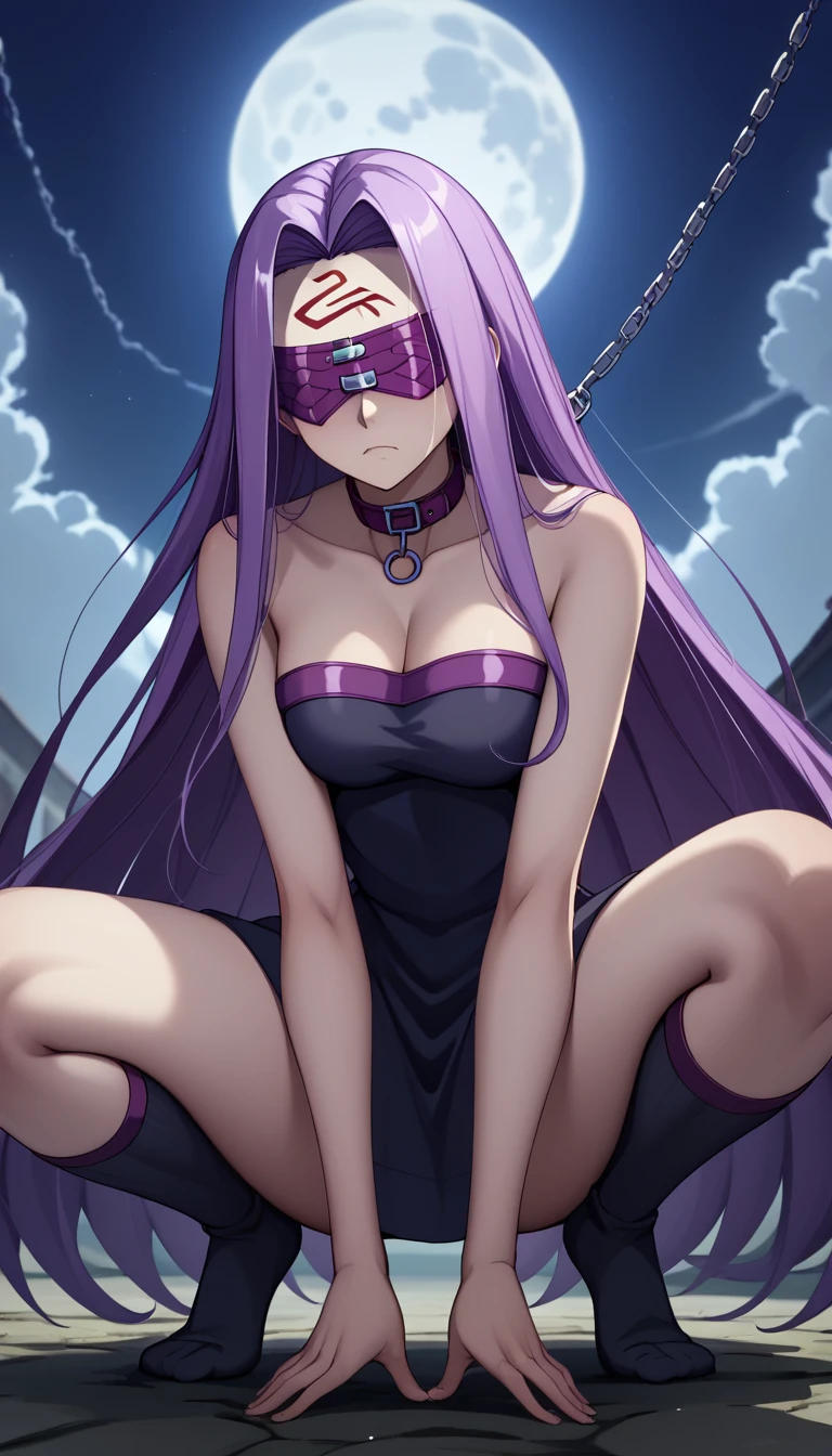 score_9、score_8_up、score_7_up、source_anime、medusarider、Medusa Rider、Long Hair、Very long hair、Purple Hair、Face mark、Mark on forehead、Knee socks、dress、Cleavage、Bare shoulders、Sleeveless、黒いdress、collar、Strapless、Straplessdress、Blindfold、Outdoor、night、night空、moon、cloud、Staring at the audience、Cowboy Shot、Dutch Angle、Combat Stance、arms、chain、knife、(A forward-leaning core, crawling along the ground_9、score_8_up、score_7_up、source_anime、medusarider、Medusa Rider、Long Hair、Very long hair、Purple Hair、Face mark、Mark on forehead、Knee socks、dress、Cleavage、Bare shoulders、Sleeveless、黒いdress、collar、Strapless、Straplessdress、Blindfold、Outdoor、night、night空、moon、cloud、Staring at the audience、Cowboy Shot、Dutch Angle、Combat Stance、arms、chain、knife、(Crouching start pose with a forward leaning posture like crawling on the ground)、Super low angle shot