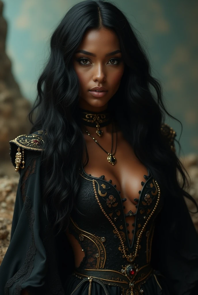 A black and warrior woman with characteristics of the revolt of evils, but with clothes from her time and in the form of a doll for box theater