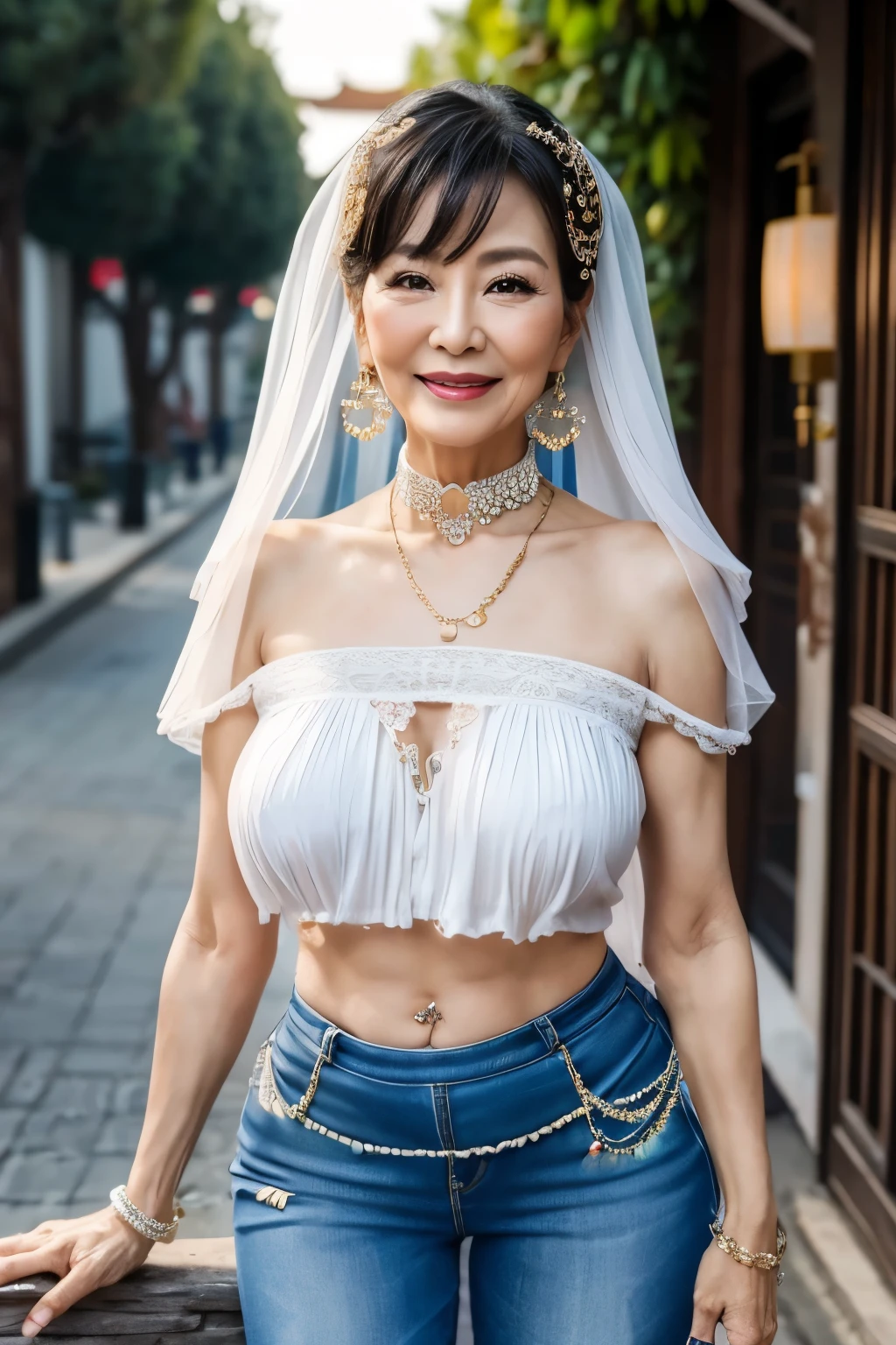 75 years old　Mom　MILF　Chinese Lady　large earring　Big choker　navel piercing decoration　A bracelet　Silver Hair　realisitic　Gorgeous Madame Beautiful Mature Woman　sexy　Smile　Gentle woman navel piercing　４K　High quality amusement park　sunglasses　Gorgeous Madame Beautiful Mature Woman