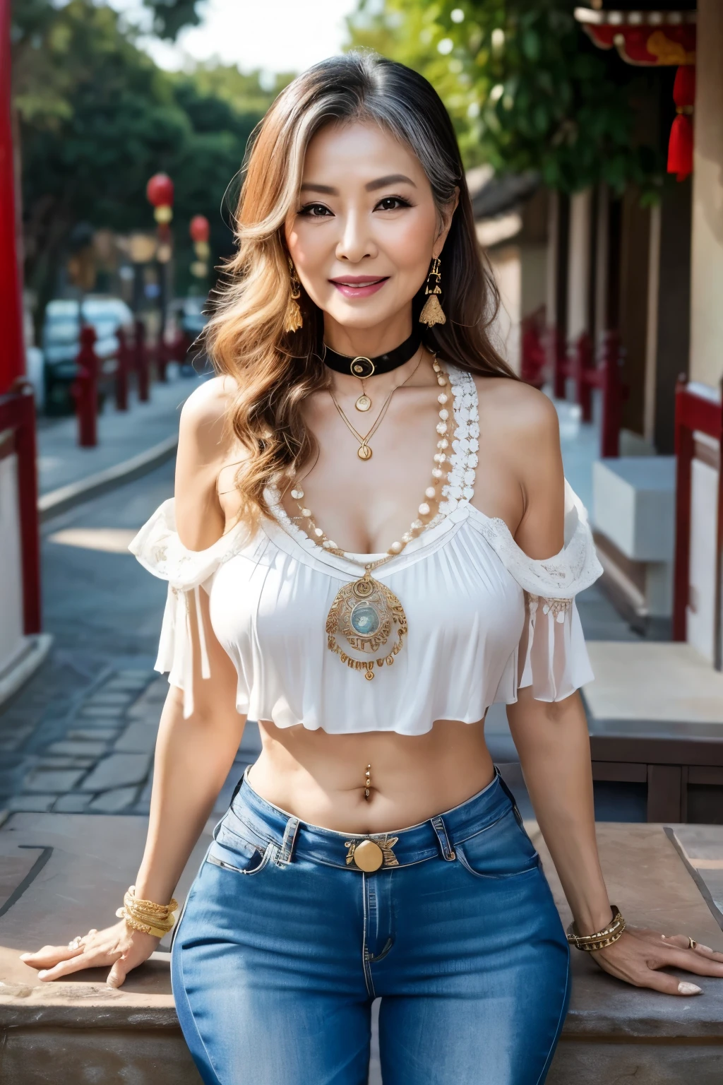 87 years old mom milf Korean, Lady large earring Big choker navel piercing decoration A bracelet Silver Hair realisitic Gorgeous Madame Beautiful Mature Woman sexly Smile Gentle woman navel piercing 4K High quality Big Breasts Proud Big Breasts I want to show No sleeve