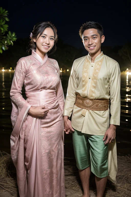 Realistic of pilipino couple wedding ,the boy wear a black attire and girl hijab,pink gown wedding.the background is garden.