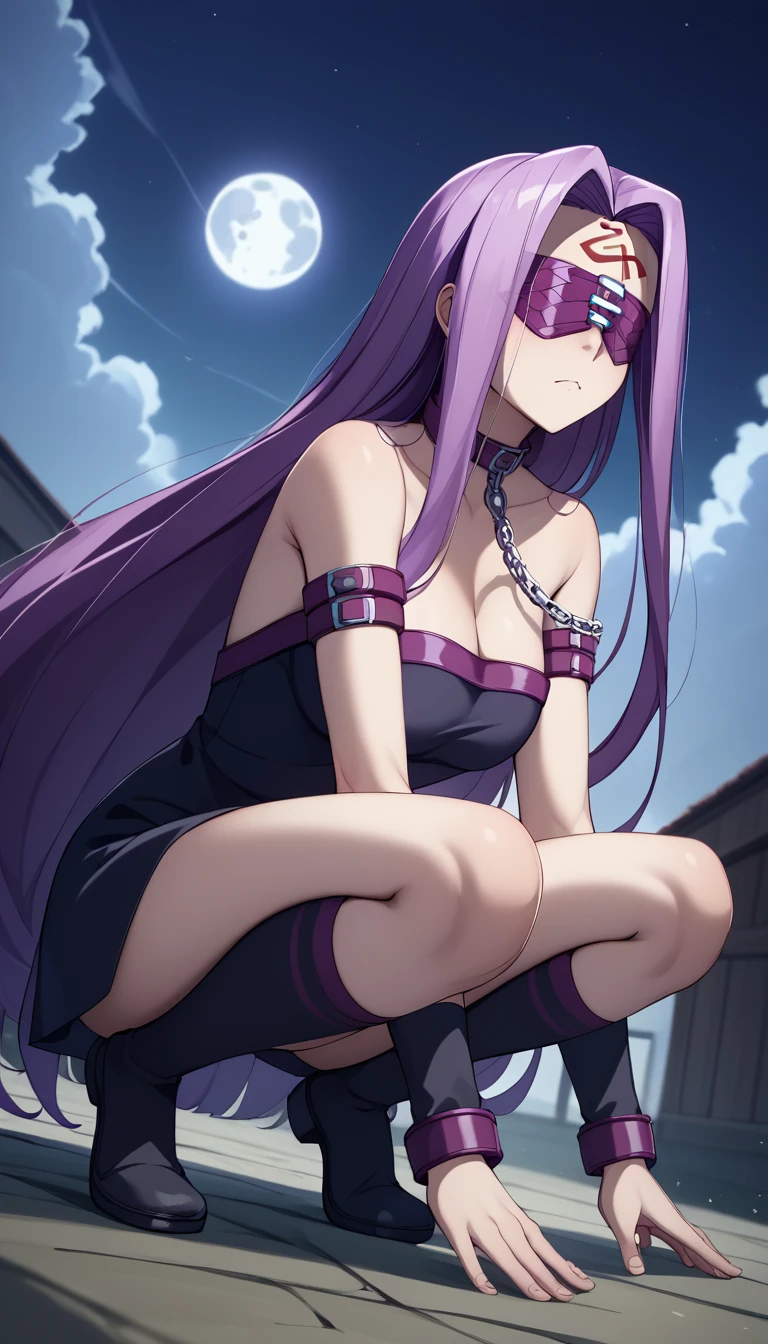 score_9、score_8_up、score_7_up、source_anime、medusarider、Medusa Rider、Long Hair、Very long hair、Purple Hair、Face mark、Mark on forehead、Knee socks、dress、Cleavage、Bare shoulders、Sleeveless、黒いdress、collar、Strapless、Straplessdress、Blindfold、Outdoor、night、night空、moon、cloud、Staring at the audience、Cowboy Shot、Dutch Angle、Combat Stance、arms、chain、knife、(A forward-leaning core, crawling along the ground_9、score_8_up、score_7_up、source_anime、medusarider、Medusa Rider、Long Hair、Very long hair、Purple Hair、Face mark、Mark on forehead、Knee socks、dress、Cleavage、Bare shoulders、Sleeveless、黒いdress、collar、Strapless、Straplessdress、Blindfold、Outdoor、night、night空、moon、cloud、Staring at the audience、Cowboy Shot、Dutch Angle、Combat Stance、arms、chain、knife、(Crouching start pose with a forward leaning posture like crawling on the ground)、Super low angle shot