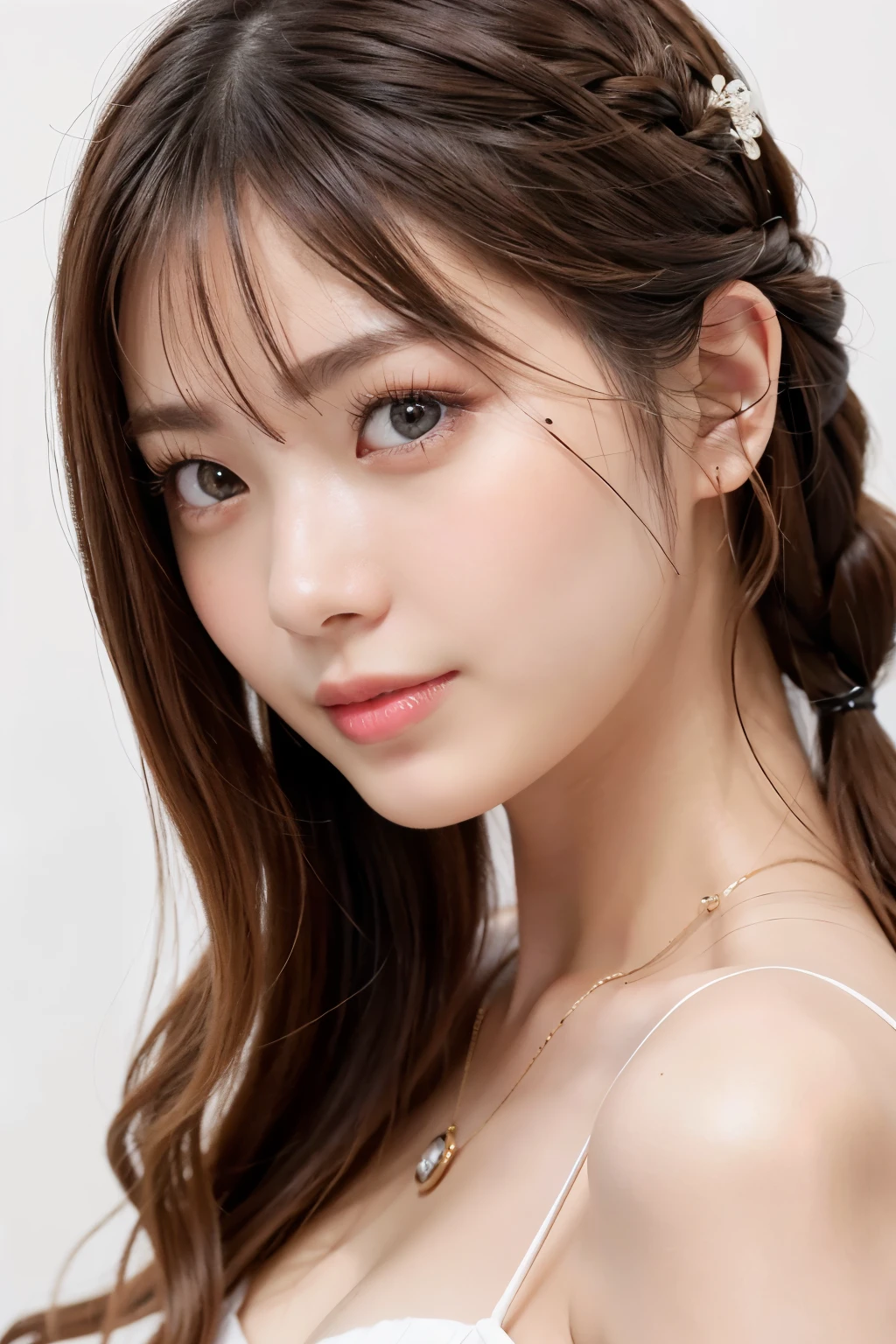 (Best Quality、Tabletop、8k、Best image quality、Award-winning works)、(Face close-up:1.2)、(Pure white background:1.2)、(nude:1.1)、Closed lips、Perfect beautiful face、Glowing Beautiful Skin、Perfect Makeup、Facing forward、Symmetrical、Straight、Very Long Hair、Braided Half-Up、Earrings、necklace、