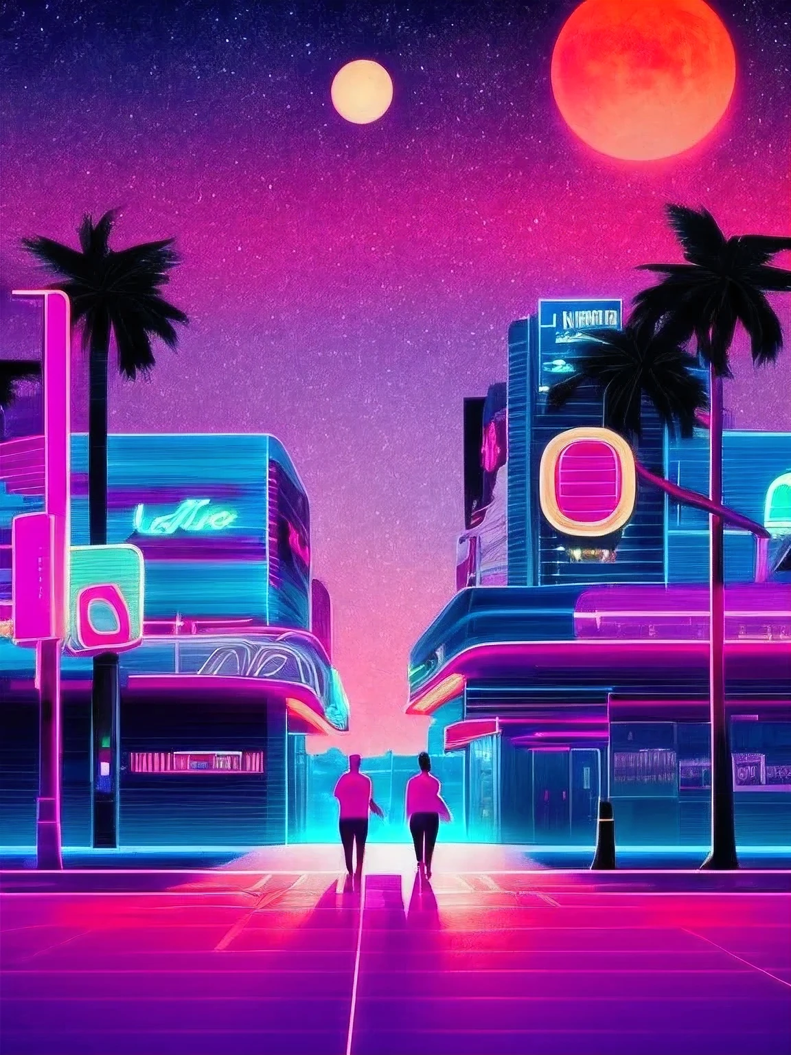 After the Love quarrel, two of us walking a little apart, looked down and stepped. Neon sunset in Miami fantasy art, Night city landscape at purple neon, Chill and Emo, Retrowave Digital Art Synthwave, Vaporwave aesthetic clearance wallpaper, Retro Vaporwave Wallpaper, (masterpiece), (best quality), (super detailed), 