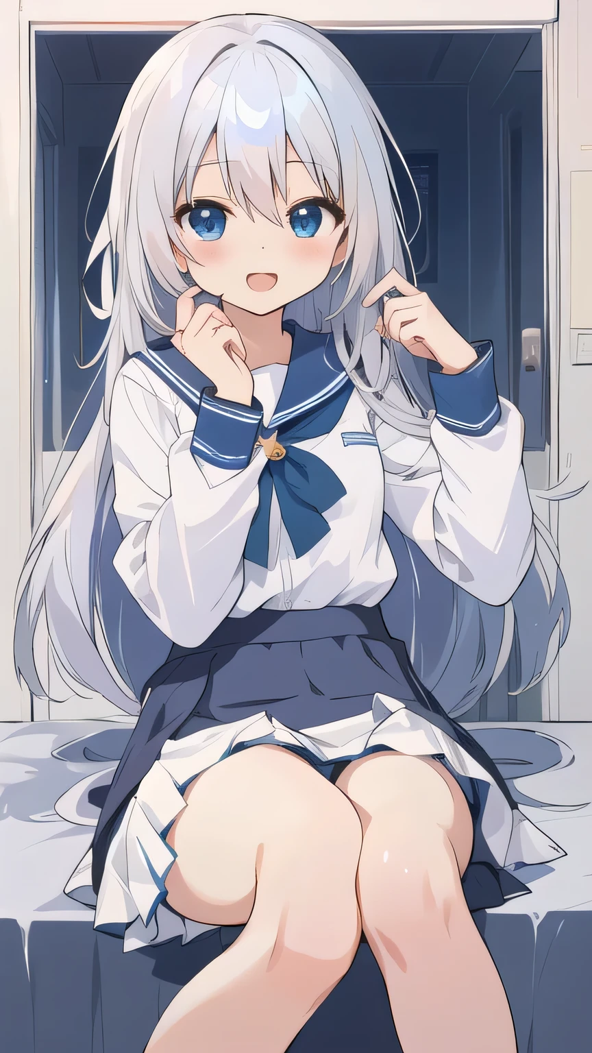 cute girl, アニメ, silver hair, straight hair, Blue eyes, (young:0.9), (small bust:0.5), (cute:1.3), (middle bust:0.8), (cute girl:1.2), cowboy shot, cute, side shot, (Smail:1.3), open mouth, backwards, white school uniform, (dark blue skirt:1.4), (ローアングル:1.5), close eyes, (cross legs:1.2), (seduce:1.4), 