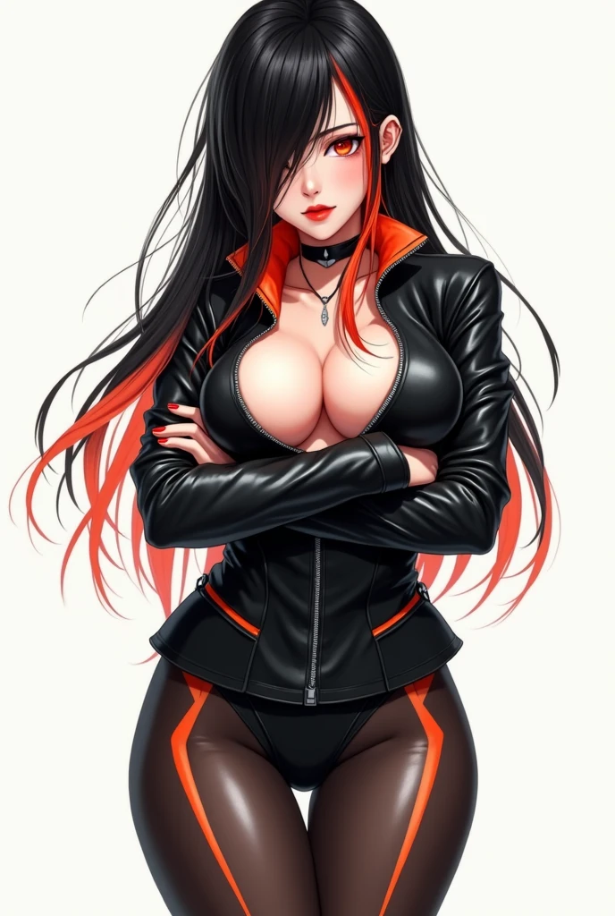 ((Best Quality)), ((masutepiece)), (Detailed), Perfect face A detailed face cleavage of the breast red eyes long, thick black hair Blunt bangs Solid background color She wearing a black and red blazer and miniskirt.。