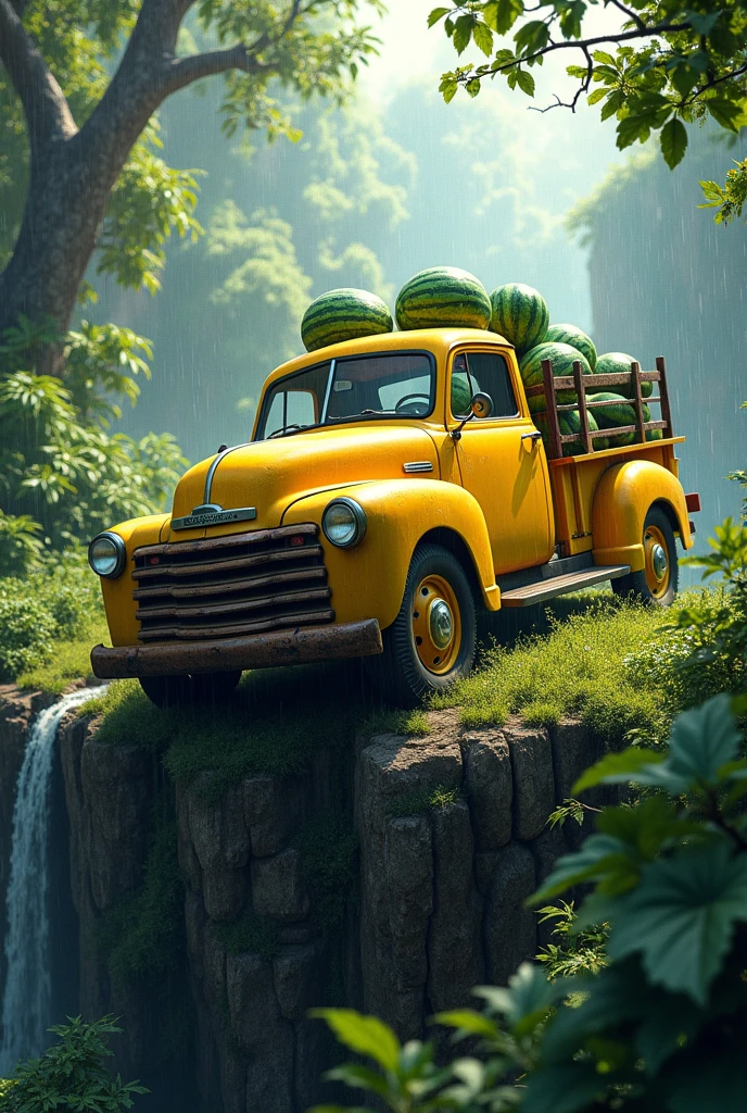 Create me a yellow truck full of watermelons, at the edge of the cliff half filled, jungle, curve, trees, rain