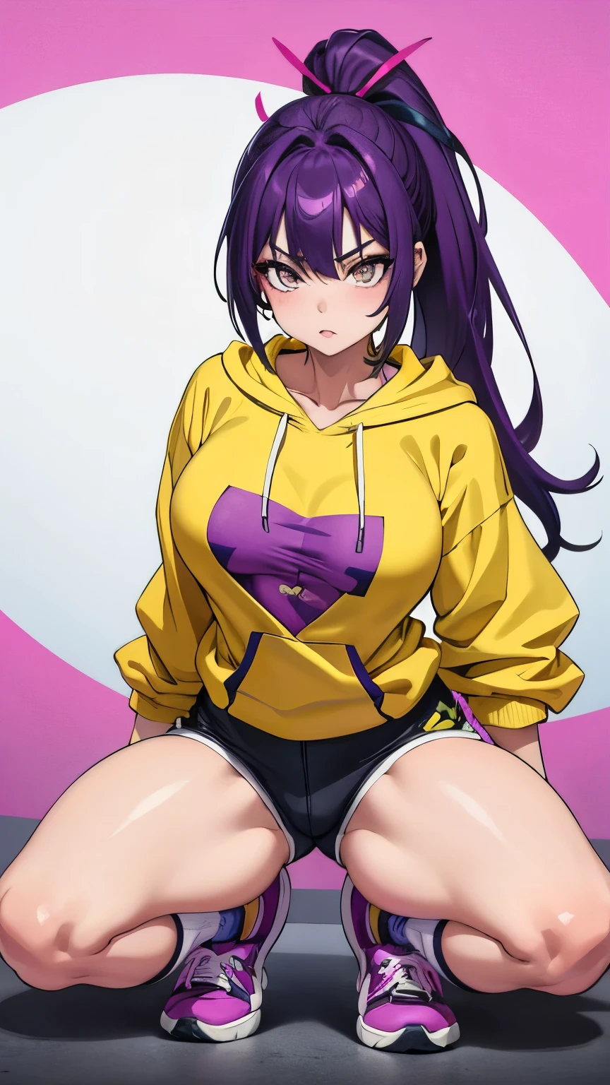 masterpiece, best quality, 1girl, purple hair, ponytail, yellow hoodie, short shorts, loose socks, sneakers, seiza, looking at viewer, large breasts, shiny skin, abstract background, vivid colors, paint splashes, rainbow theme