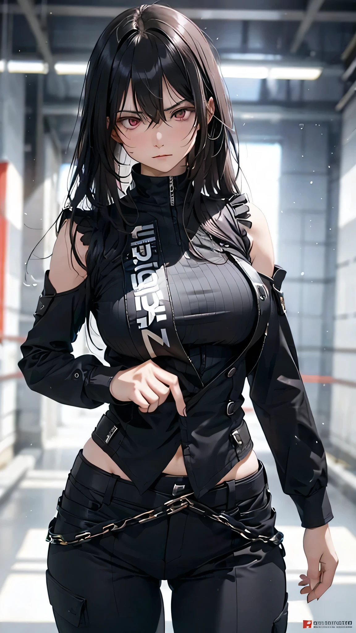 ((Best quality)), ((masterpiece)), (detailed:1.4), 3D, an image of a beautiful cyberpunk black female with braids on head,HDR (High Dynamic Range),Ray Tracing,NVIDIA RTX,Super-Resolution,Unreal 5,Subsurface scattering,PBR Texturing,Post-processing,Anisotropic Filtering,Depth-of-field,Maximum clarity and sharpness,Multi-layered textures,Albedo and Specular maps,Surface shading,Accurate simulation of light-material interaction,Perfect proportions,Octane Render,Two-tone lighting,Wide aperture,Low ISO,White balance,Rule of thirds,8K RAW, anime - style woman in a white and black outfit with a gun, cyborg merchant girl,