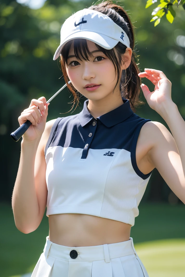 (18yo, young, cute:1.3), (japanese teen girl idol:1.2), ultra highres, real skin, hyperrealism, glistening skin, professional photograph, (absurdres:1.2), 8k, (RAW photo:1.2), (extremely detailed clothing), (perfect anatomy:1.2), extremely detailed fingers, (correct finger placement), highest quality, amazing details, pale skin, (translucent skin),
(masterpiece, best quality:1.2), ultra detailed, absolutely resolution, (perfect anatomy, correct limb:1.2),
 hands
 good hands, perfect fingers,
BREAK
stunningly beautiful girl, slim body, (thin thighs:1.2),
 (navy), (wearing golf_cap), (golf field), (golf cart background), field, (golf-club), (mini skirt), (sponsor logo on shirt), sleeveless, flat chest,
(medium hair, low ponytail:1.4), (brown hair, straight hair, asymmetrical bangs), (face is shiny:0.8), (smile:1),
(looking at another:1.2),
(upperbody), (bokeh), (side view:0.4),
(day time), (professional lighting), (light on face),((Upper Body:1.3))