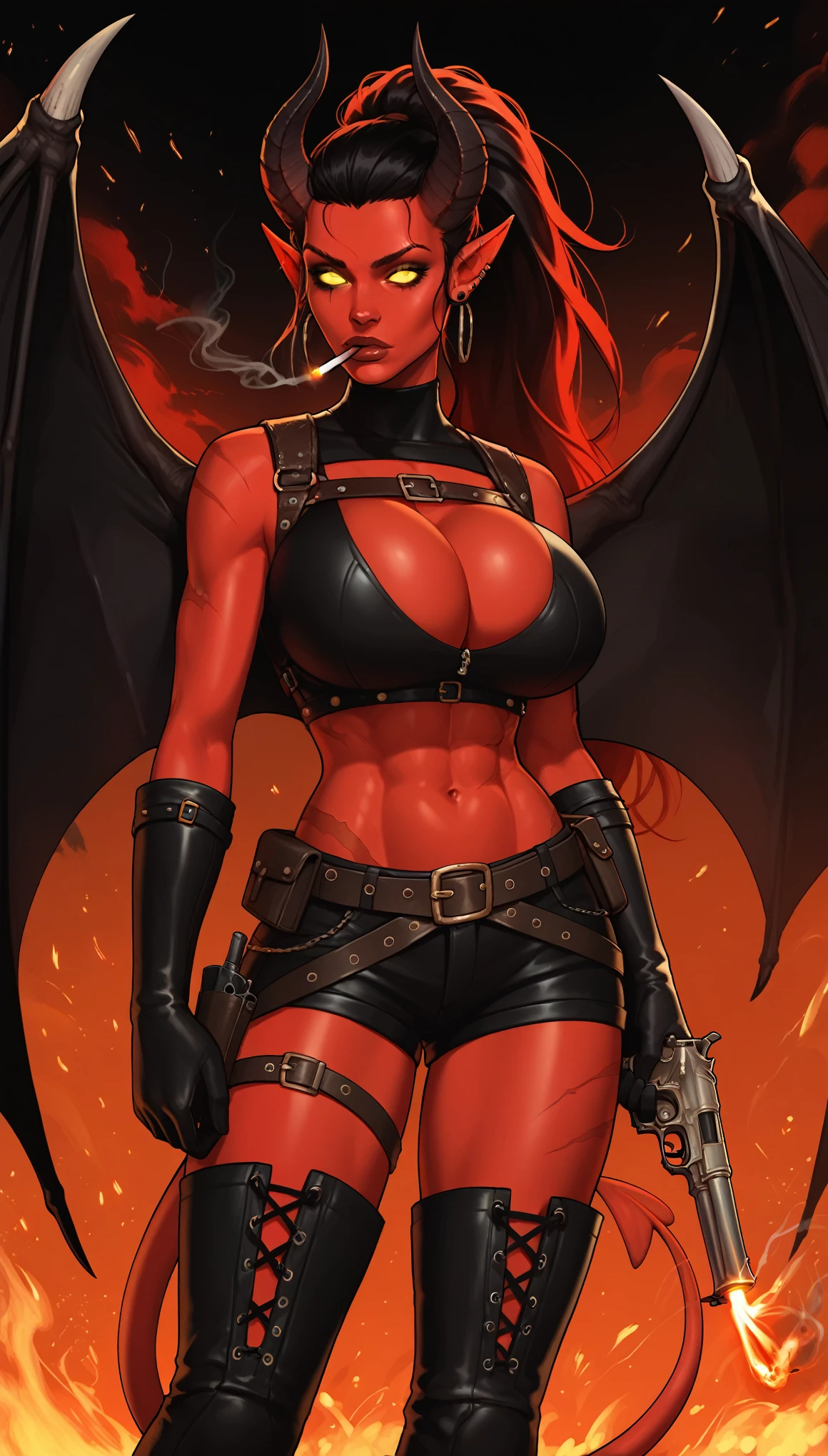 (masterpiece, top quality, best quality, official art, beautiful and aesthetic:1.2), (1girl:1.3), (black hair in big (ponytail)), extremely detailed, portrait, looking at viewer, solo, (full body:0.6), detailed background, close up, (hot medieval church theme:1.1), Tiefling, female, horns, tail, wings, long hair, tail, black hair, dragon girl, dragon horns, blood, scales, dragon wings, (((red skin), colored skin)), extremely busty Tiefling, charlatan, wicked grin, sultry smirk, forked tongue, mysterious, seducing in a cathedral, black ram horns, curled horns, curved horns, demon horns, skimpy leather (sports bra), sleeveless, fingerless gloves, claws, shotgun, ammo belt, shotgun shells, black leather, thong, thigh-high boots, bracers, boots, buckles, straps, ((((gigantic breasts, cleavage, skindentation)))), snnred abs, cute belly button, slim waist, slim hips, long legs, athletic, stained glass windows, candlelight, Medieval Europe, (((Cathedral exterior background:1.2))), dark mysterious lighting, shadows, magical atmosphere, dutch angle