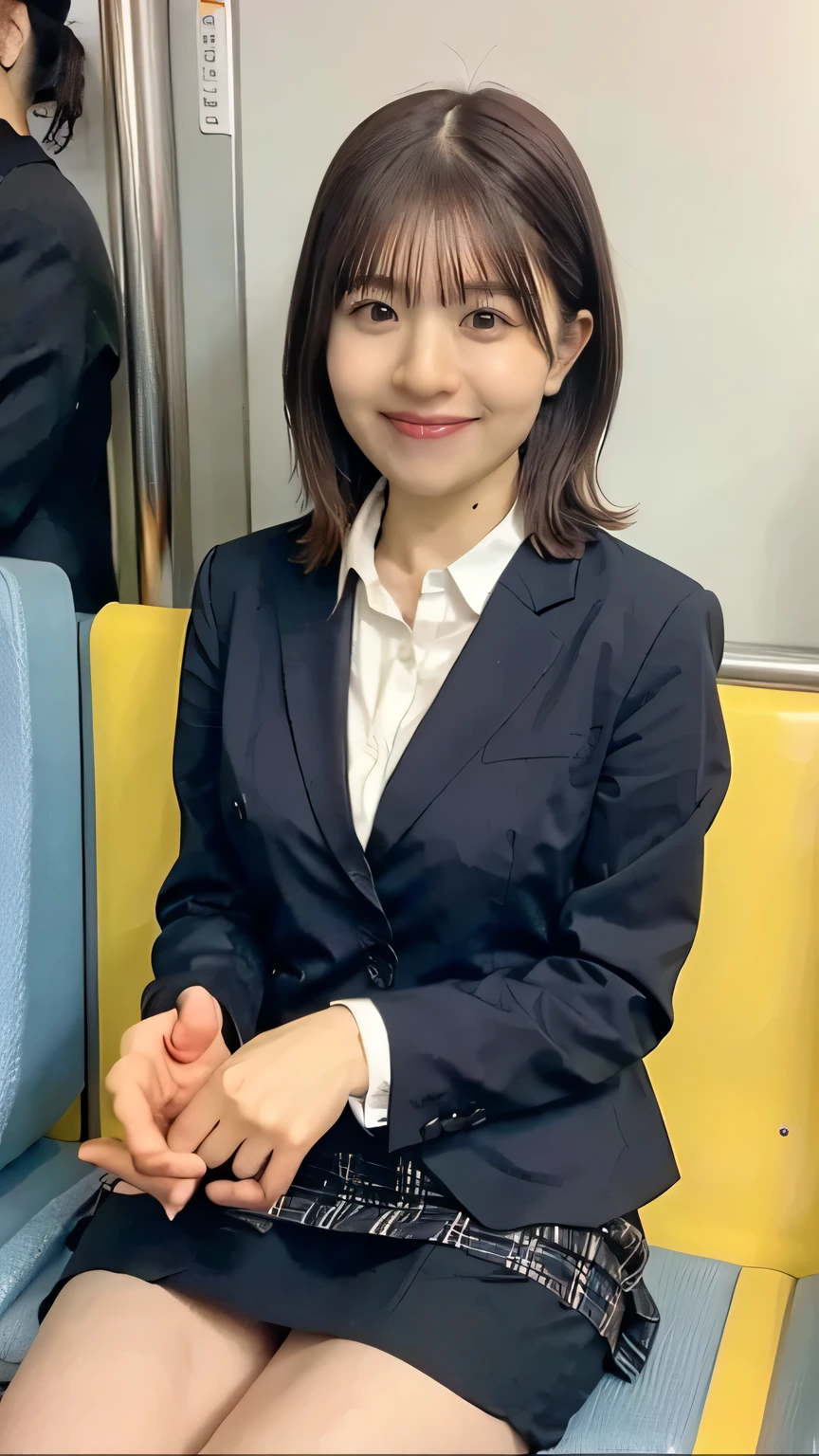 (masterpiece, Best Quality, 8k, RAW Photos, beautifully、beautiful:1.2), intricate details, indirect lighting, Realistic, whole body, sitting in a train seat、Business jacket、Tight skirt、Gazing at the audience、smile、happy、Peeking、 High School Uniform、 woman&#39;training , Chair to sit under skirt,Ultra-high resolution,8k,Bokeh,Sharp focus,Highly detailed face,Spanish Girls,beautiful足,thin,(Small breasts),Ultra-detailed eyes
