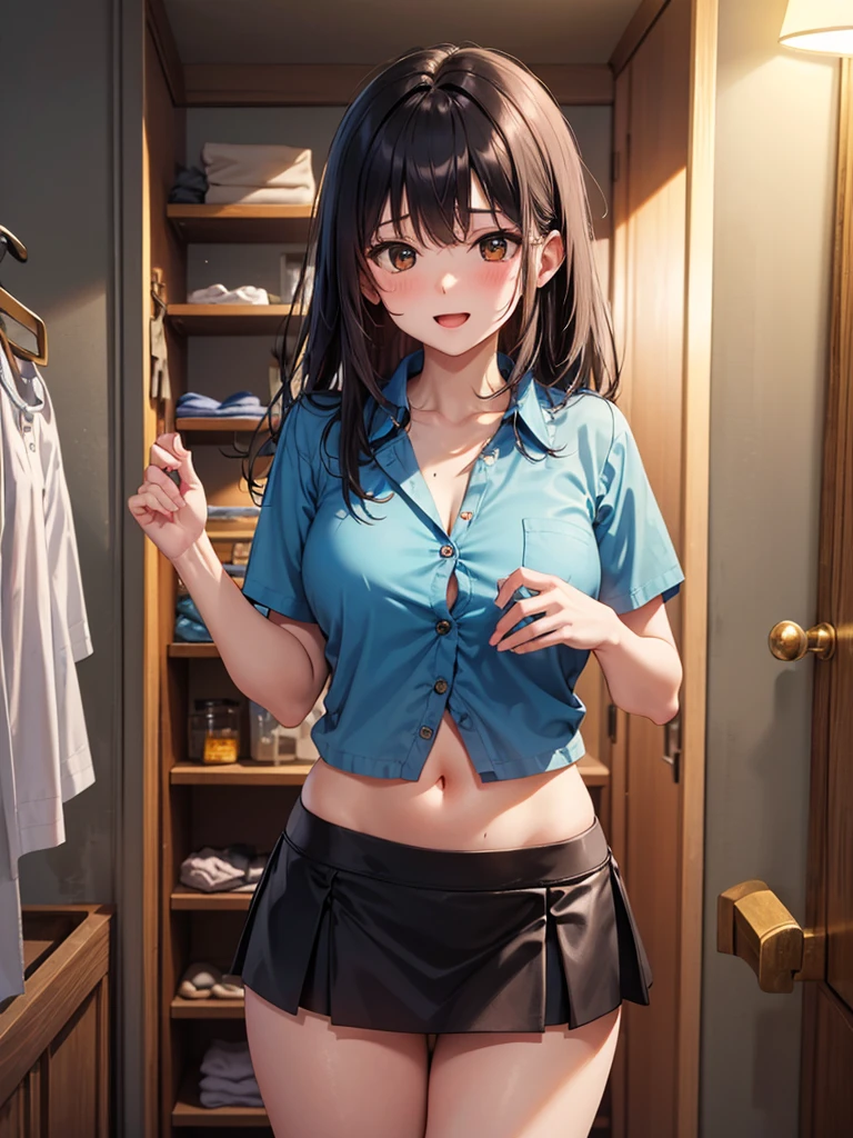 ((Best Quality)), ((masterpiece)), (detailed), One person,Age 25,(Black Mini Skirt),(Blue Top),(Please open the buttons on your shirt),Large exposed navel ,Red cheeks,Underbust,(I can see your chest),(Excited expression),(Seduce),night,circuit,Dim lighting,(暗いnightの背景),(Dimly lit changing room),(Dirty changing room),Let&#39;s take a closer look,sexy,(There is an old man nearby),(A man hugs me from behind),sweat,(Black garter belt),Short Hair,