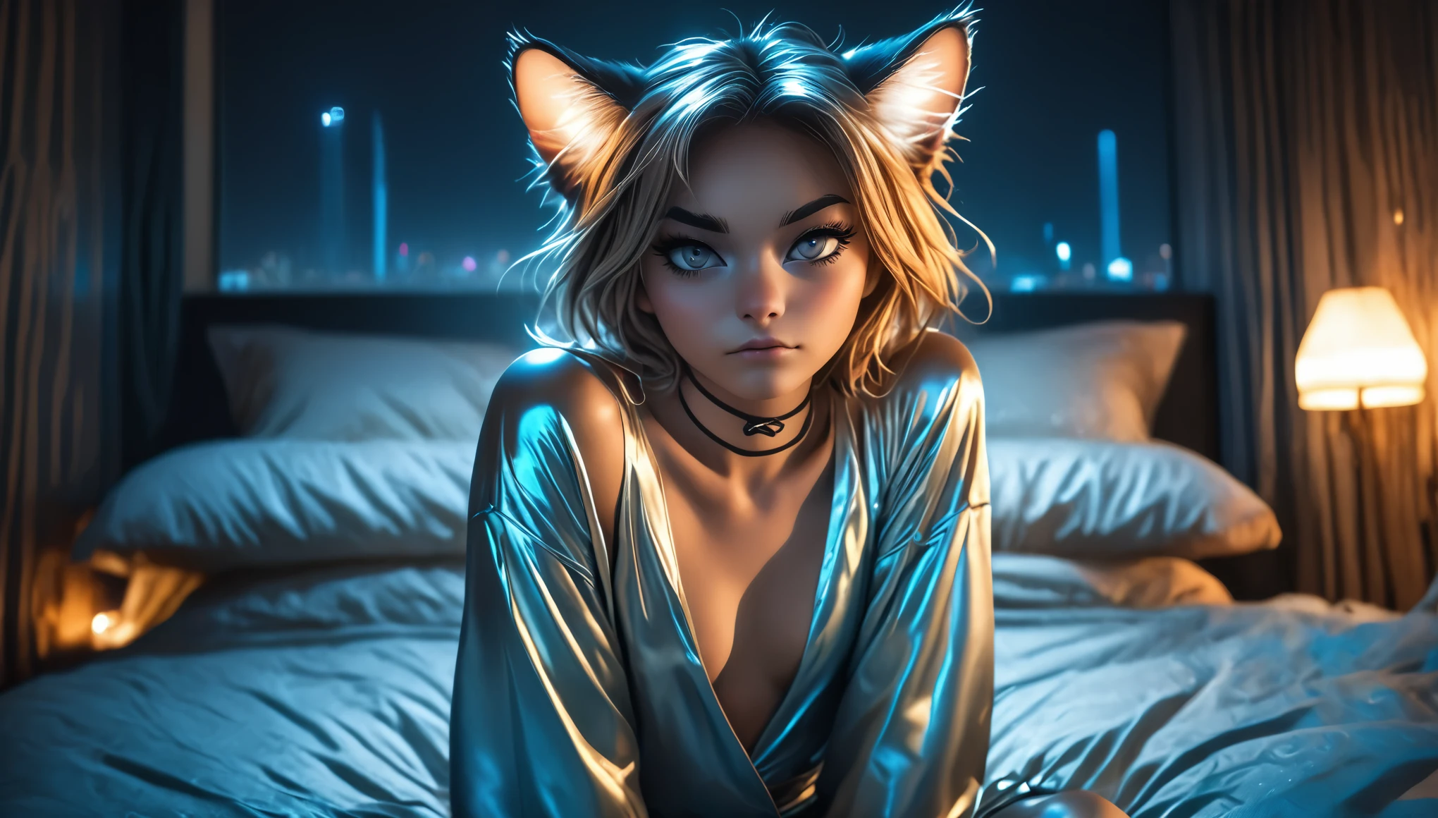 8k, super detail, best quality, UHD, textured skin, ((barely girl, with cat ears and choker, in an oversized thin shiny wrap shirt with plunging cleavage, wide neckline, small perky breasts, beautiful detailed half-closed cat eyes, beautiful detailed lips, small pout mouth, extremely detailed face, tanned skin, random long hairstyle, small hips, sitting on a bed, fear on the face)), moody atmosphere, dramatic and random colors, futuristic setting, intricate details, night, backlight, full body shot, wide shot, atmospheric perspective, view from a distance, random pose