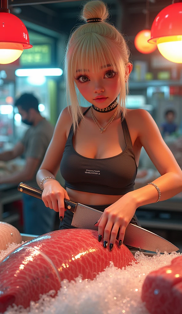 a young woman shoves a man's hard penis into a meat grinder, she is beautiful and nude, blonde hair, blue eyes, her pussy drips in excitement, she's very excited