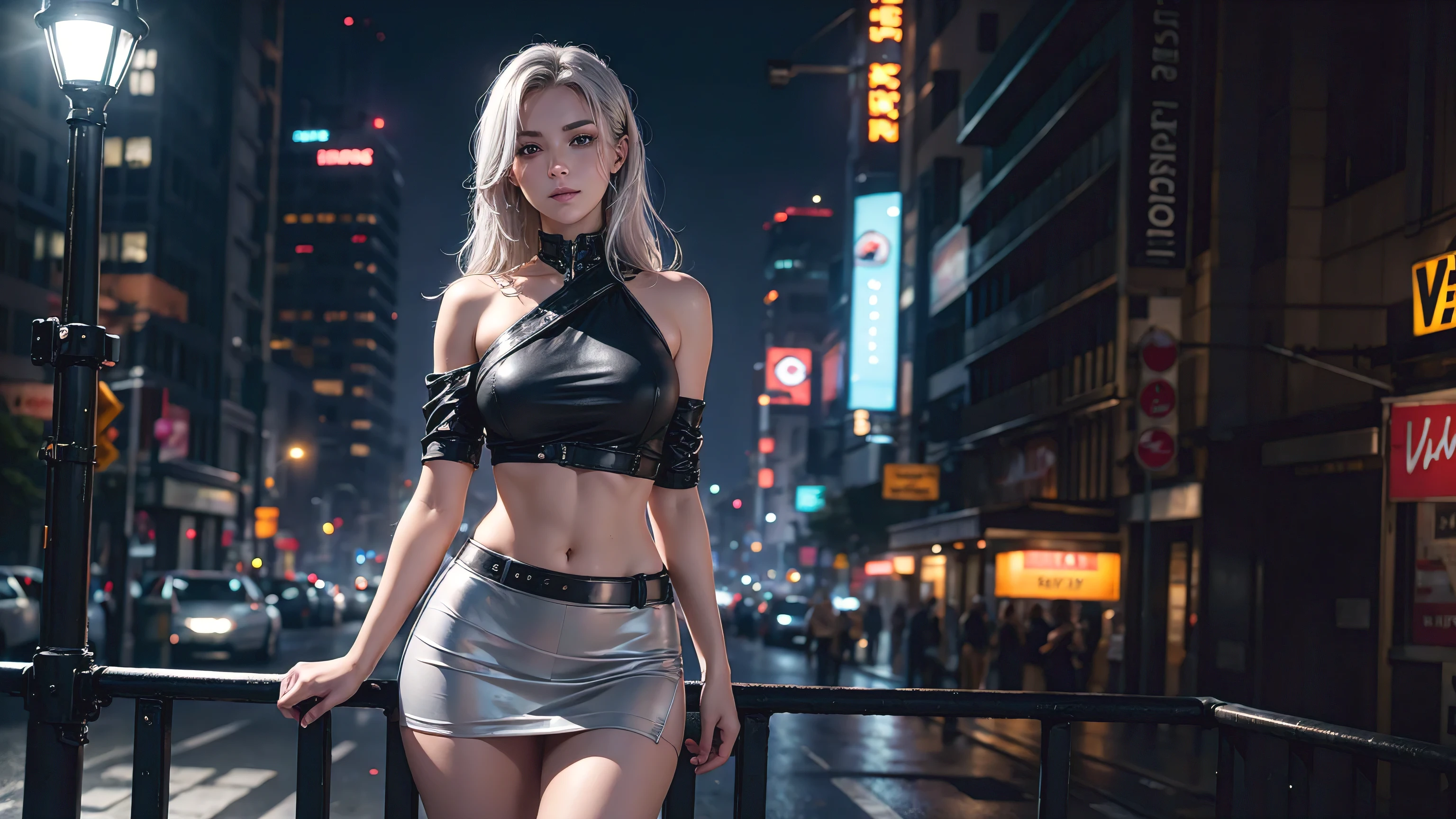 1women,  solo,  8K high Resolution,  Masterpiece,  Best Quality,  cinematic Light,   hips up,   Abs,  Perfect Figure,  Ultra Fine Face,  Delicate Lips,  Beautiful,  dewy skin,  wavy silver hair,   super fine hand,  fine finger,  cyber punk police uniform,  Transparent skirt,  bare shoulder,  detailed,  smiling,  Slim thighs,  Night,  street corner,  cinematic pose,  standing,  in front of a barricade