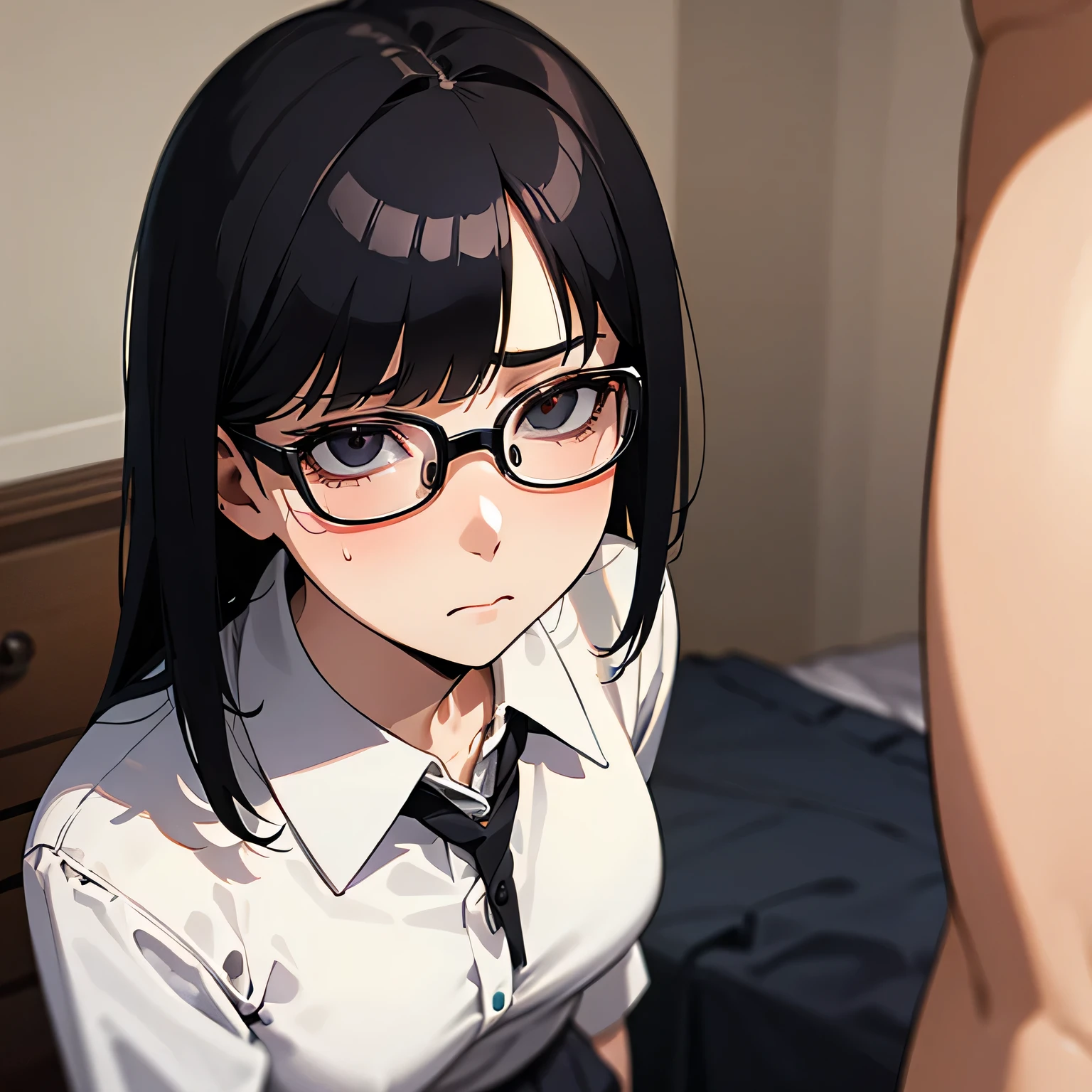 (masterpiece),(((best quality))),(((ultra-detailed))),(((hyperdetailed))),(((high resolution))),(illustration):1.3,(((extremely delicate and beautiful))),(((detailed face))),(((beautiful detailed eyes))),(((finely detailed eyes))),perfect face,beautiful,amazing,intricate details,finely detail,extremely detailed,((perfect anatomy)),full dissection,parfect composition,correct limbs,balance and coordination in all things,perfect hands,precise fingers and hands,((detailed background)),(cross-section:-1),perfect lighting,
nsfw,(hetero):1.3,((1girl,1boy)),(1girl and 1boy having sex),vaginal,sex,((doggystyle,standing sex)),arms grab,arm held back,grabbing from behind,vaginal penetration,covered penetration,(motion lines),1girl,short hair,black hair,
(Glasses girl), (glasses), (short hair), (black hair), (purple streaked hair), (purple eyes), (bangs covering right eyes), (hair over one eye), (eyes visible through hair/bangs), (large breasts),
(((men's shirt))), (((oversized white shirt))), (((white shirt))), ((off shoulder)),(((open shirt))), (clothed sex)),
((intercourse with man)),1boy{(forceful sex,sex from behind,rear-entry position,arms grab,grabbing from behind)},((dynamic angle)),bent over,looking away,shiny skin,blush,((erotic face)),half closed eyes,drunken eyes,open mouth,drooling,pleasure,((trembling)),pussy juice,((sweat,steam)),breathing heavily,