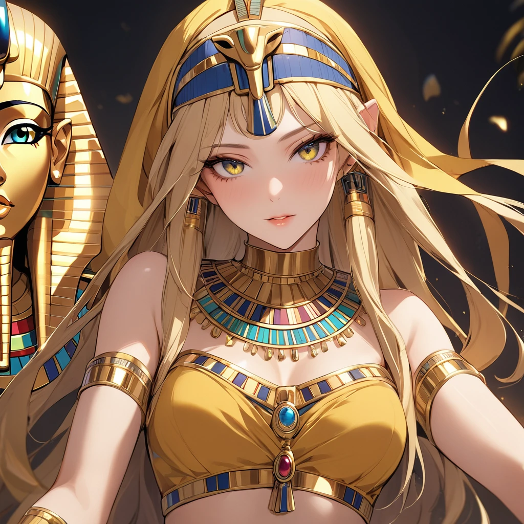 ((Best Quality)), ((masterpiece)), (detailed), （Perfect Face）、The high elf woman wearing a golden Tutankhamun mask is Seras Ashrain, a blonde high elf with medium-long hair who is wearing an Egyptian Tutankhamun costume, a golden Tutankhamun mask, gorgeous jewelry accessories and an engagement ring. Her face is painted gold to resemble Tutankhamun&#39;s face.