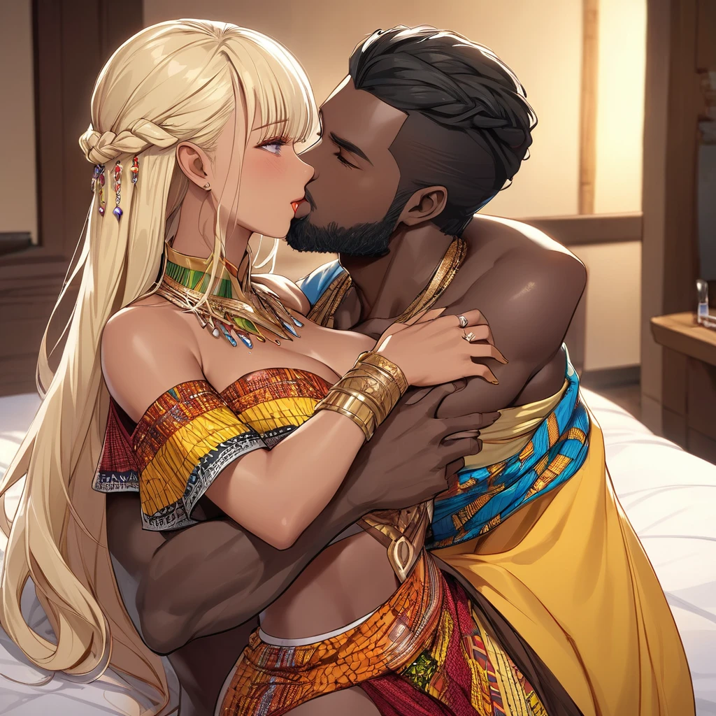 ((Best Quality)), ((masterpiece)), (detailed), （Perfect Face）、The high elf woman is Seras Ashlain, wearing a colorful Ghanaian national costume, gorgeous jewelry, and an engagement ring. Her blonde medium-long hair is finely braided into a braid, giving her the hairstyle of an African woman.、The woman marries a bearded, middle-aged Ghanaian man and becomes a Ghanaian female high elf.、A woman is hugging her husband, kissing him and making love on the bed in the bedroom