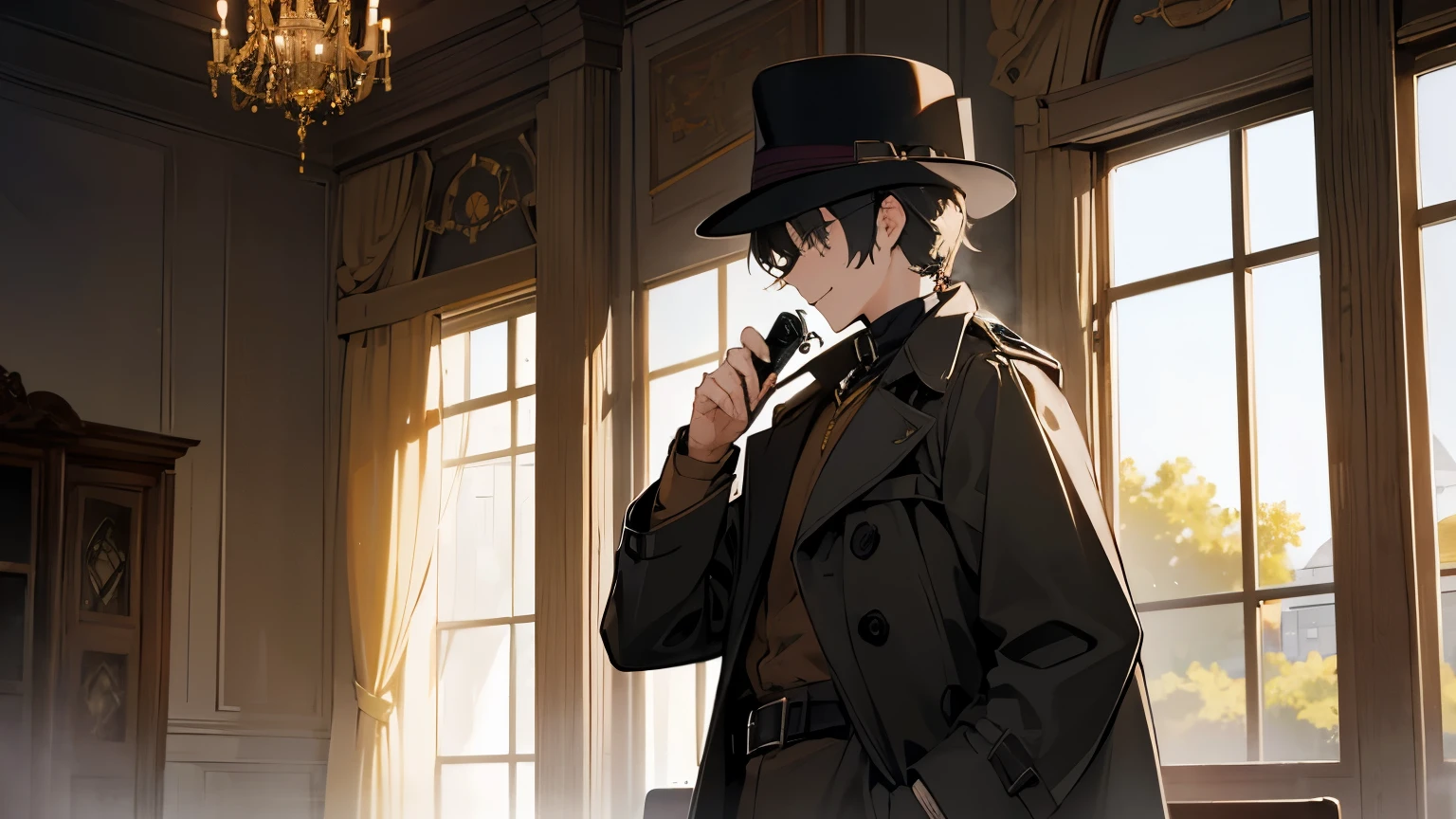 masterpiece,best quality,depth of field,8k,뷰어를 Overlooking,man,dark gray hair,blue eyes,(charismatic eyes 1:1),chic,black hair,Blue Eyes,wrote deerstalker,Light brown striped frock coat with cape,cigarette in mouth,with arms crossed,male,Overlooking,Short hair,alone