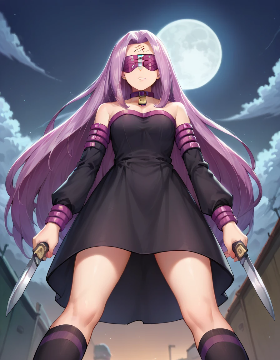 Score_9, Score_8_up, Score_7_up, sauce_anime,
Medasa Rider, Ride Medusa, Long Hair, very Long Hair, Purple Hair, Facial scars, Mark on forehead,
Knee socks, dress, Clevis, Bare Shoulder, sleeves, black dress, collar, Strapless, Strapless dress, Blindfold,
Outdoor, night, night sky, moon, cloud,
Looking at, Cowboy Shot, Dutch Angle, Combat Stance, arms, Lock, knife, (One hand on the ground, ready to pounce), Super low angle shot,,