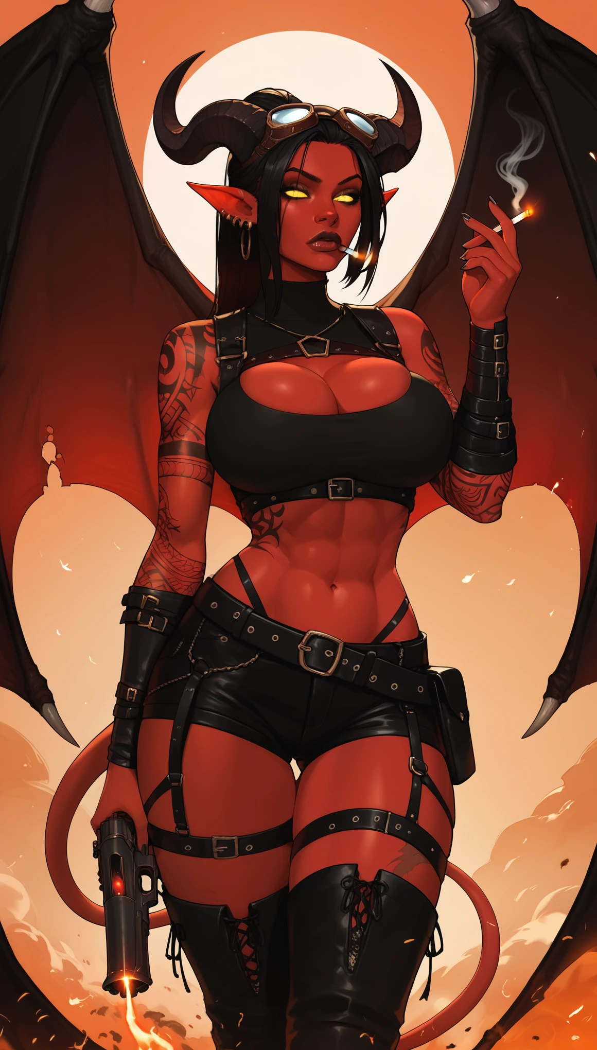 Red skin succubus tiefling, large breasts, cleavage, bursting breasts, huge black horns, scars, tattoos, goggles on forehead, wings, huge tail, black leather, sleeveless crop top, boyshorts, thigh-high boots, hip harness, belts, straps, pouches, bandoliers, holsters, tall, toned, graceful, thin, long black ponytail. Action scene, hand cannon. Dark scene, explosions, night sky. holding a gun, holding a huge black revolver, smoking a cigarette