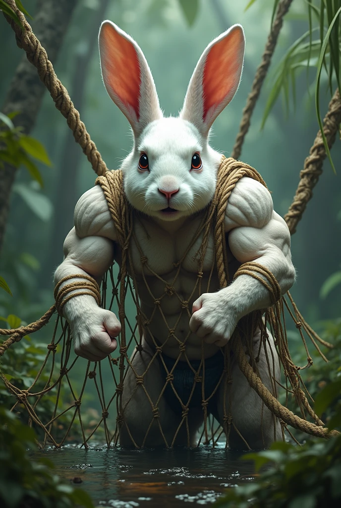 Strong muscular muscular jacked rabbit with rabbit foot eating, alligator meat 