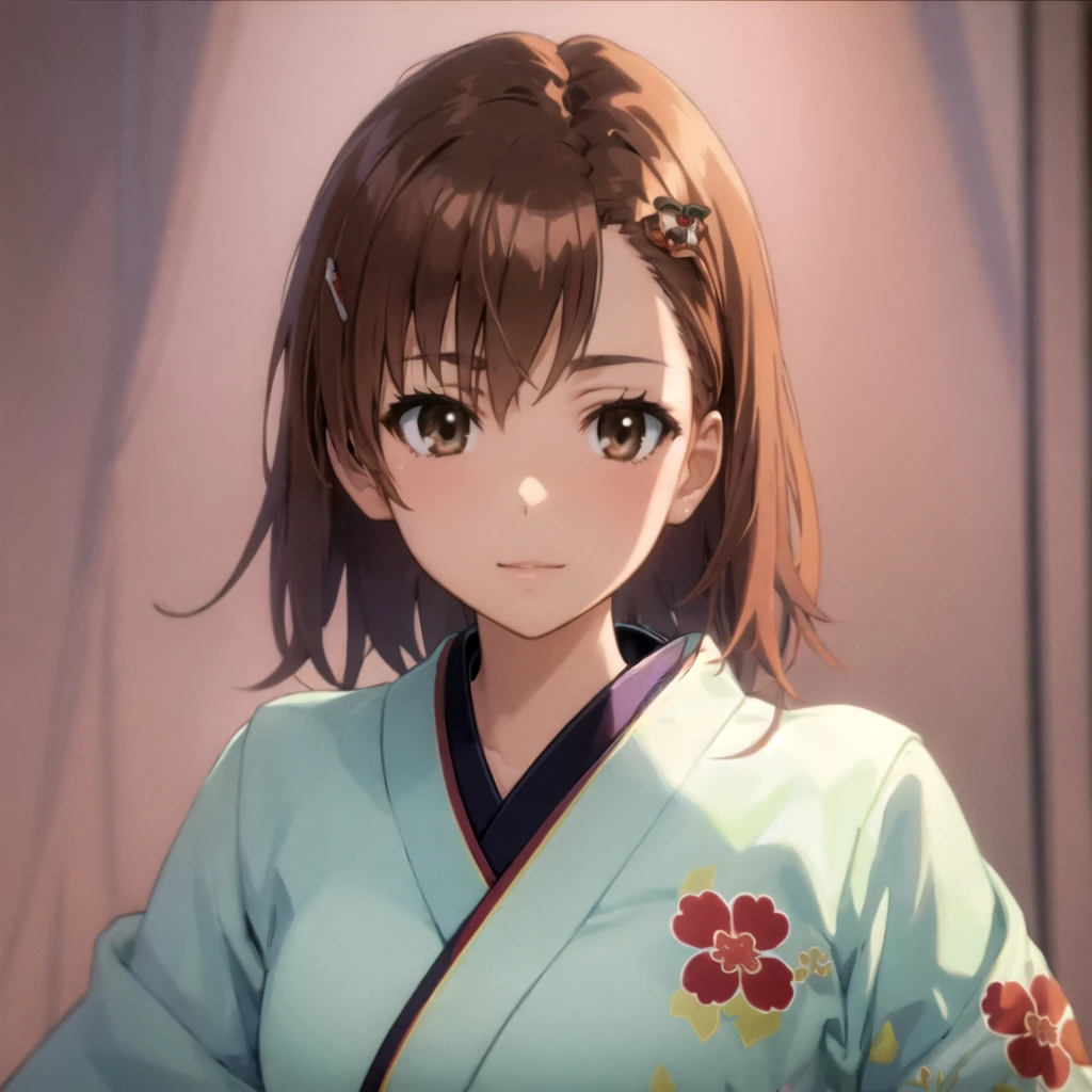 ((highest quality)), ((masterpiece)), (detailed), Perfect Face, Kimono girl standing in bed room portrait Misaka Mikoto 