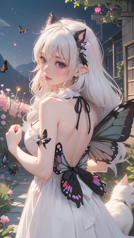 (((RAW photo , insanely detailed, highest quality, high resolution,))) (((white hair Beach waves hairstyle))), (((cosmetics))), ((((White catgirl, )))) break、(contrast:1), full body、,insanely detailed face, smile、happy、 large breasts、 full body、 break、Antonio Riva dress:1.1,dress made of slightly transparent fabric:1.3、many butterflies are flying, break、midnight:1.2、break, (realistic:1.1), impressionism), (extremely intricate:1.2), side profile of a fairy princess, high fantasy, (long gradient hair), beautiful face, half-closed eyes, (fairy:1.2), praying, (empire dress), jewelry, blue skin, pointy ears, AND (transparent black butterfly wings on her back:1.5), BREAK、 (in the enchanted flower garden:1.3), ( pink neon flowers and trees), (night:1.4), (pink neon fireflies), lots of black particles, black particles,