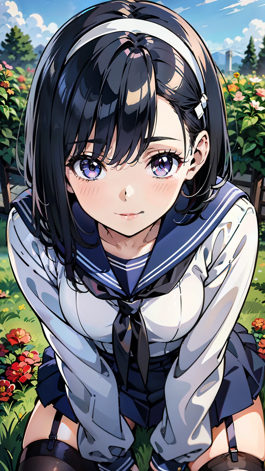 sailor uniform, One Woman, (A beauty woman, Delicate high school girl:1.3), 8K, highest quality, masterpiece, Very detailed, Ultra-high resolution, Realistic, RAW Photos, Absolute Resolution, Black Hair, Bobcut, Small face compared to body, Very small face, Black Hair, ((Navy blue sailor suit)), Navy Blue Skirt, High school girl in sailor suit, 2D Rendering of Anime, ((White headband)), Small breasts, tall, Slanted Eyes, Purple Eyes, Black Stockings, garter belt, Embarrassed smile, garden, (Thinking pose:1.3), (Top-down position:1.3), blurry background,