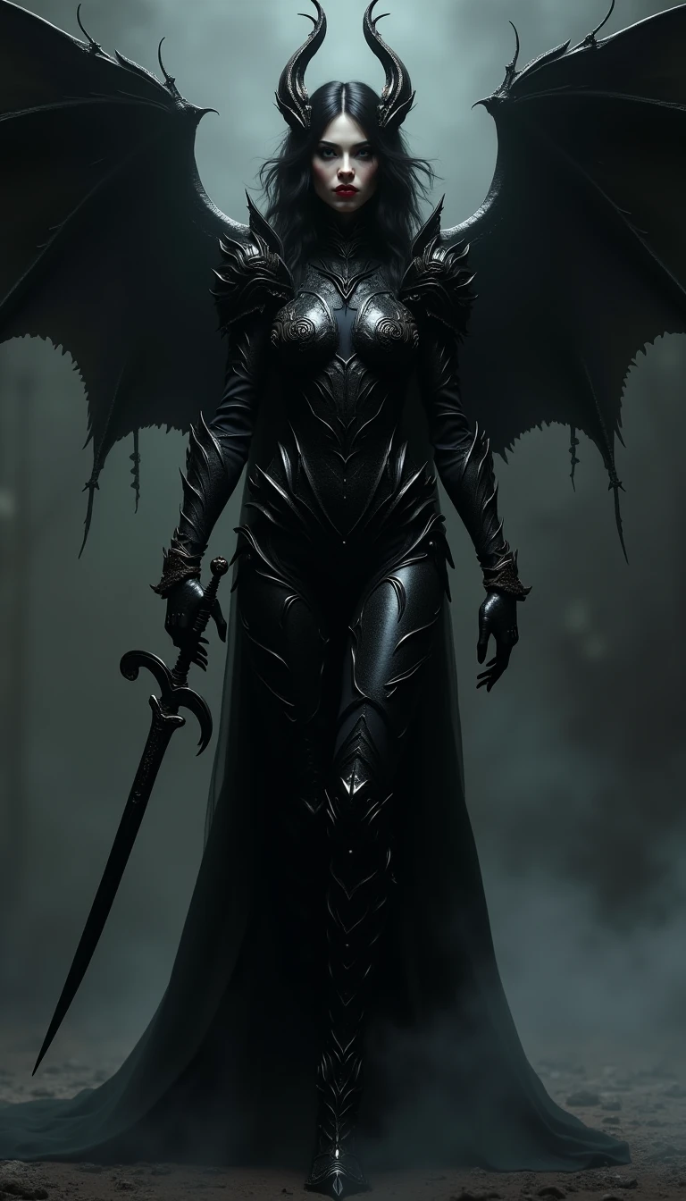 Mechanical demon woman、Detailed robot arm、Detailed robot legs、Detailed mechanical body、detailed gear、Fangs like wolves、Bull-like horns、Large bat-like wings、Devil's Tail、Beautiful glowing red eyes、black sheer dress、Beautifully detailed face、Ideal body type、Big Breasts、Narrow waist, holding a very huge:1.9 ロングソード, In the background is a Gothic castle surrounded by a moonlit forest.、Cowboy Shot、