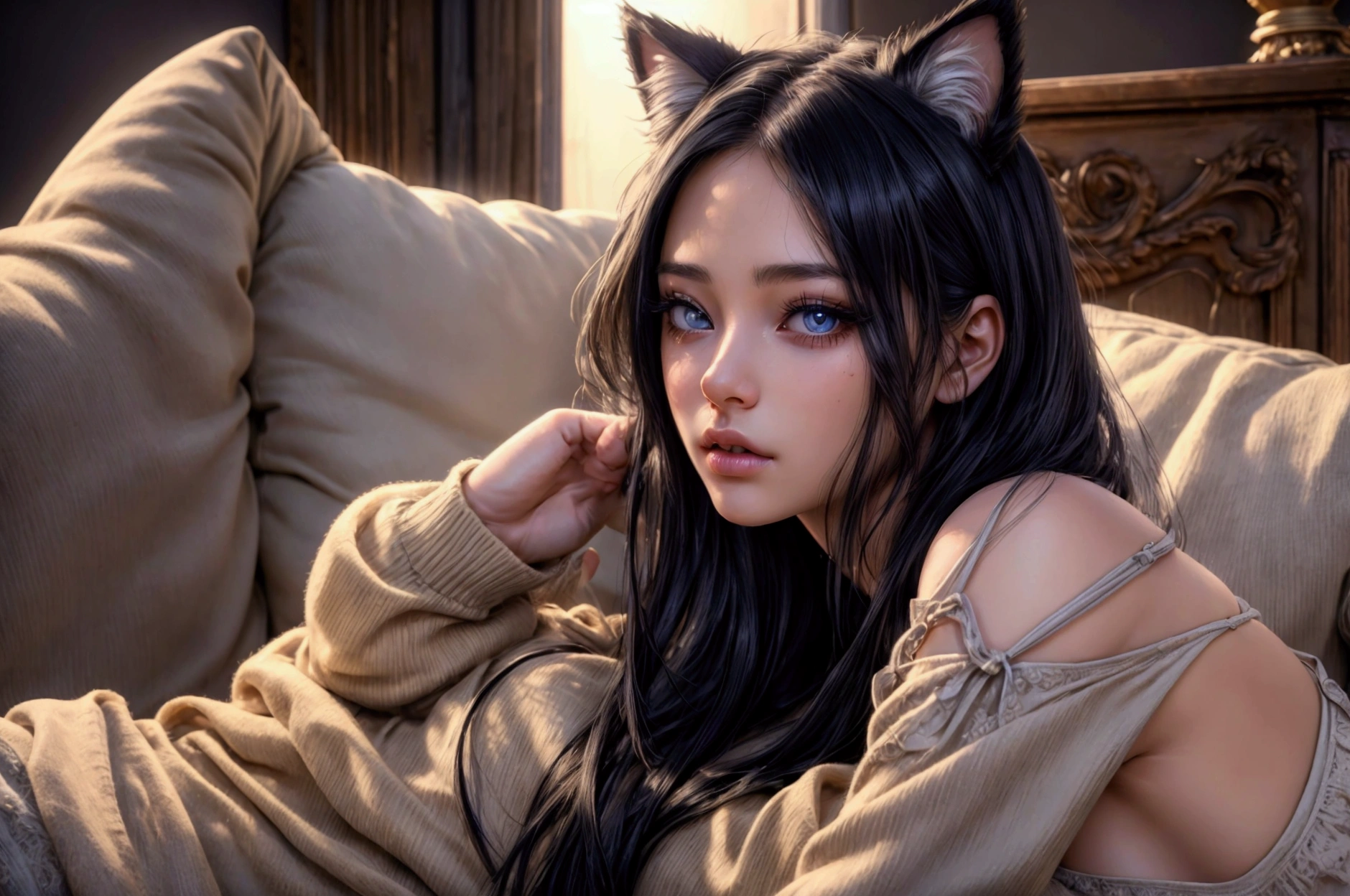 Beautiful young girl with cat ears、Casual clothing、cute、Lying on the sofa、Highly detailed face and eyes、Beautifully detailed lips、Long eyelashes、Detailed skin、Detailed clothing、(Best Quality、4K、8k、High resolution、masterpiece:1.2)、Super detailed、(Real、Photorealistic、Photorealistic:1.37)、Studio Lighting、Vibrant colors、Soft lighting、Warm colors、Detailed Background、Comfortable interior