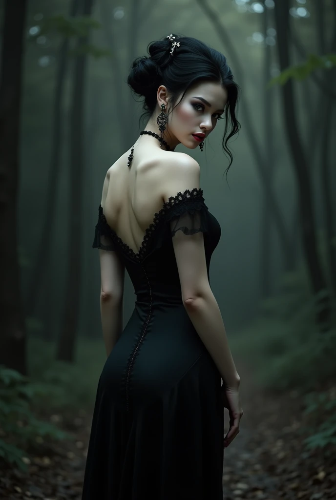 femme vampire avec des canines pointues apparent et des yeux rouges, elle a aussi des pouvoirs