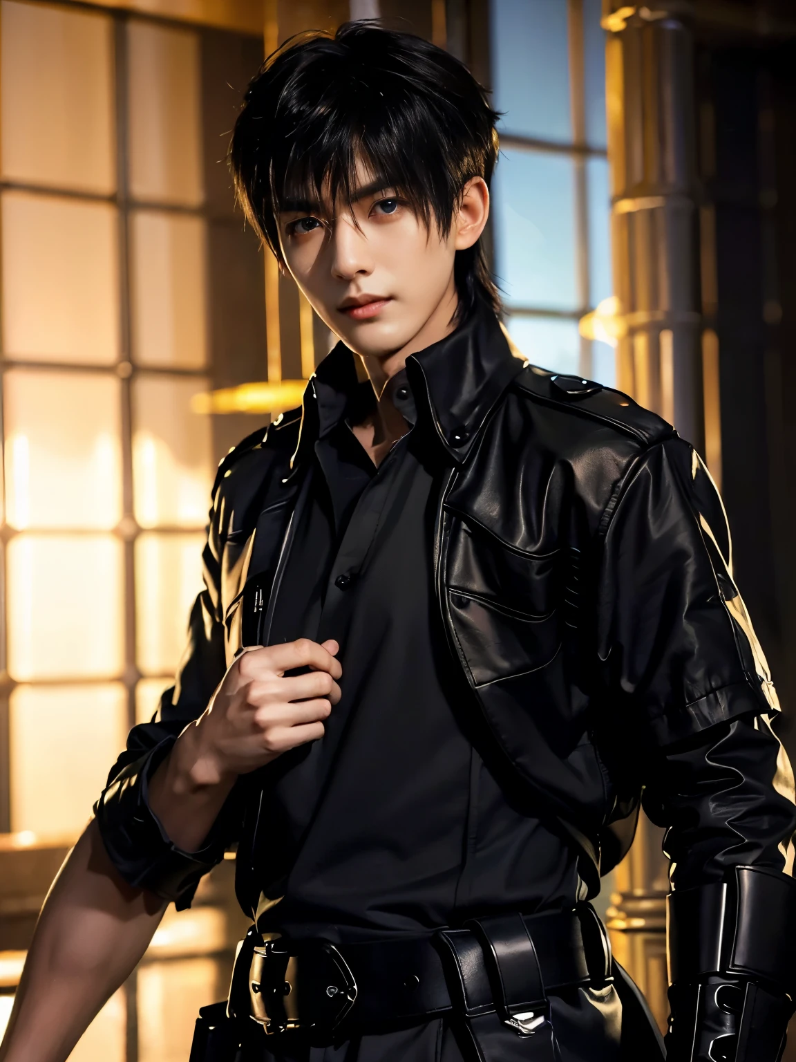 (masterpiece, realistic, absurdres:1.2), (photorealistic:1.5), RAW photo, high resolution, best quality, 8K,1boy, Noctis, chinese boy, very handsome, perfect face, intricate detail, Extremely detailed, professional photography, Bright colors, Clear focus, perfect hair, young man, (black see through shirt:1.2), muscular, slim muscular, (perfect hands, 5 fingers) , clear and beautiful detailed eyes, perfect eyes, Playful expression, abs, soft skin, detailed skin, detailed highlights and shadows, Excellent body proportions, Correct anatomy, looking at camera, male focus, black jacket, fingerless gloves, belt, black pants, boots, gentlesunlight, Cinematic Lighting, Warm colors, full-body shot, ornate futuristic castle background,