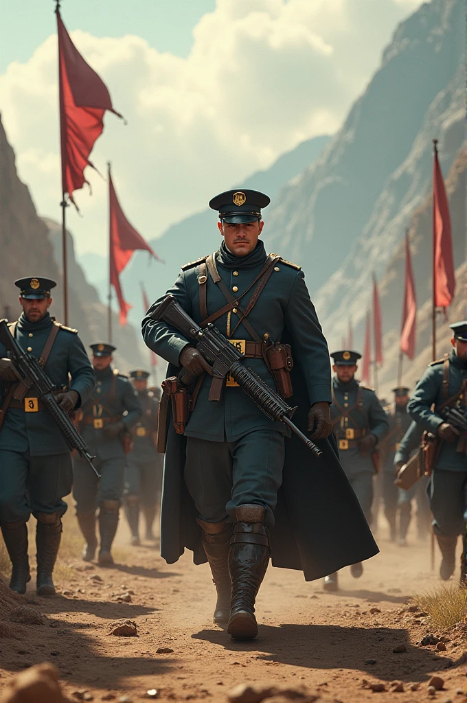 One wears a berets,Man in two-piece futuristic military uniform and cape, He wielded a long iron rod,The eyes were cold and expressionless, The design uses green and white as the main color combination,With a five-star red flag、The Great Wall is the backdrop