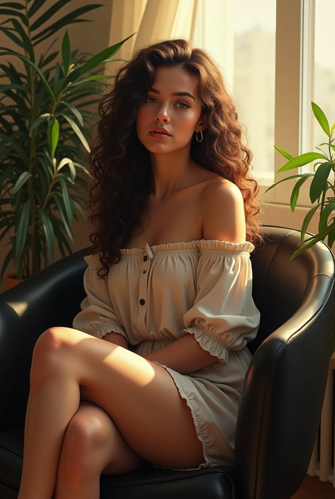 (sharp focus:1.2), photo, attractive leather woman, (beautiful face:1.1), detailed eyes, luscious lips, (cat eye makeup:0.85), (large eyes:1.0), (toned body:1.2), (curly hair:1.2), wearing (sundress:1.2) in high end luxury living room designed by dorina costras interior, (moody lighting:1.2), depth of field, bokeh, 4K, HDR. by (James C. Christensen:1.2|Jeremy Lipking:1.1), body freckles, green eyes